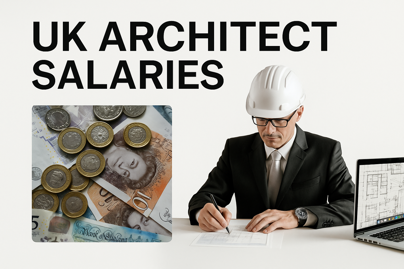 Architect with UK currency and London landmarks representing salary levels.
