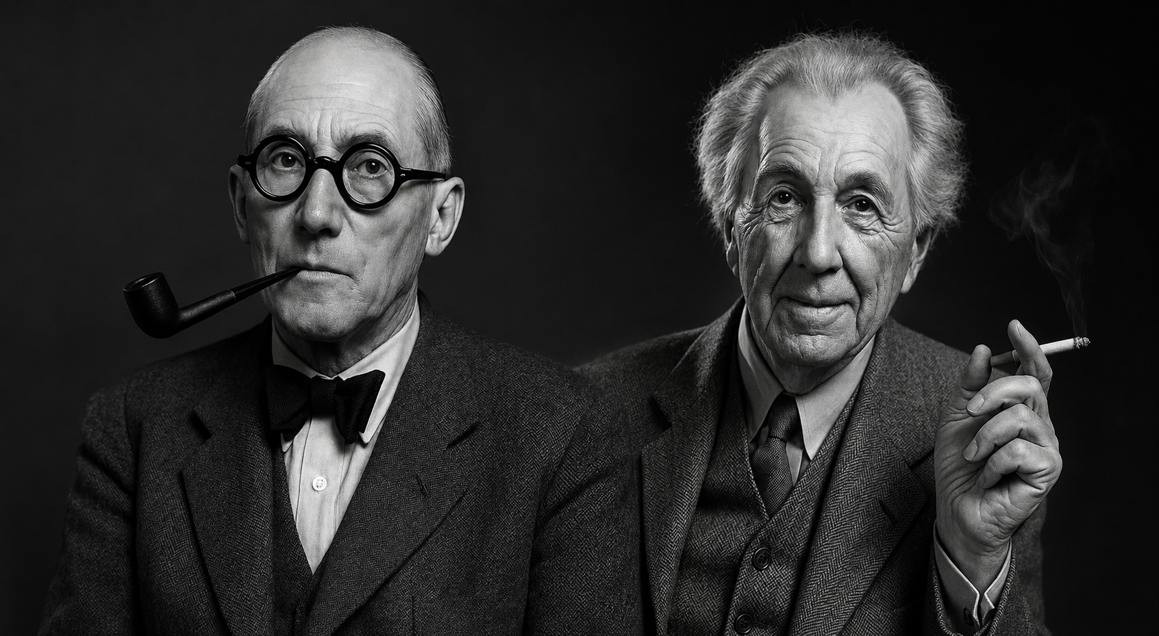 Black-and-white editorial image for a Wright and Le Corbusier architecture comparison article, showing two historic modern architecture figures in a dramatic portrait style.