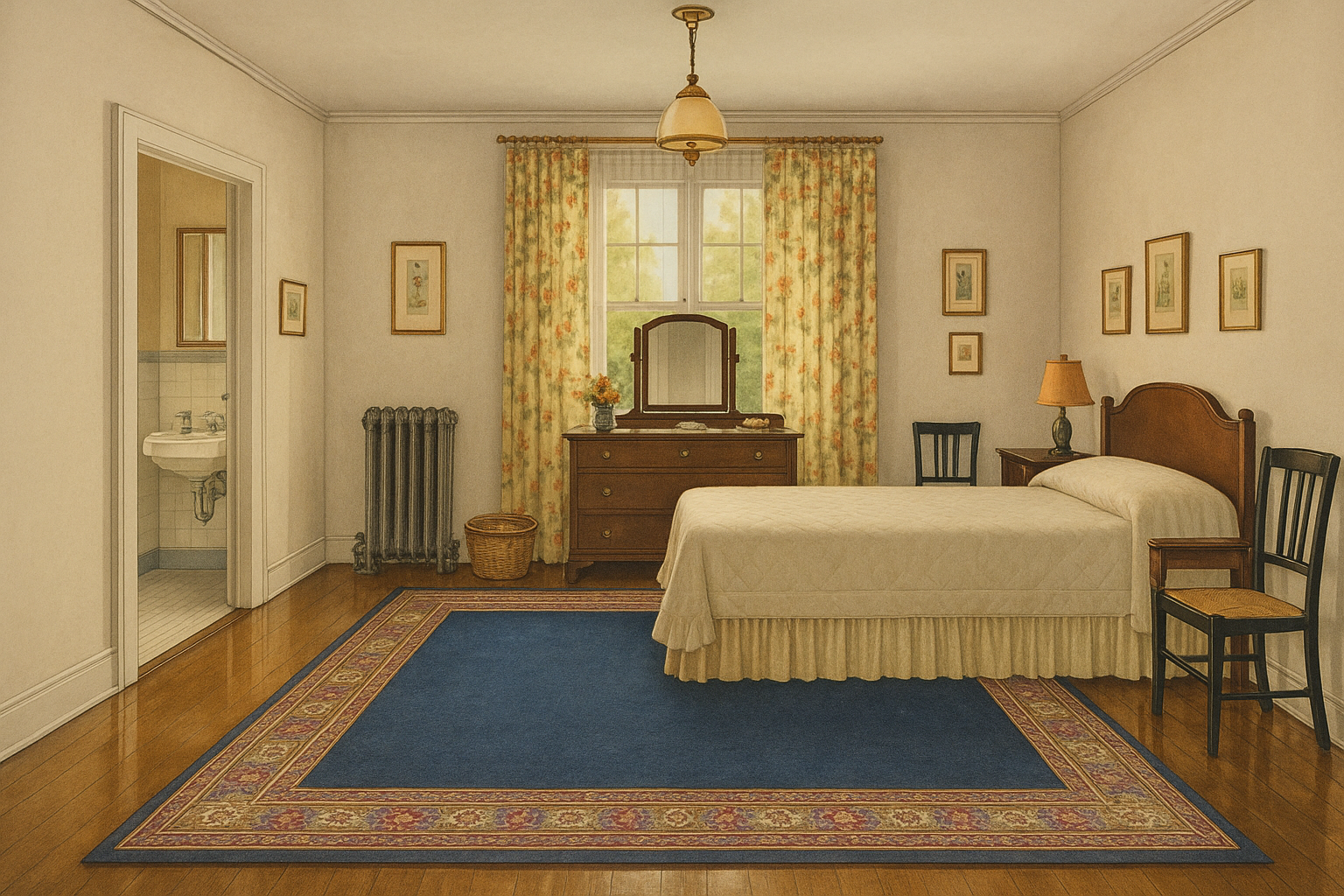 1930s bedroom with floral curtains, wooden furniture, blue rug, and vintage decor.