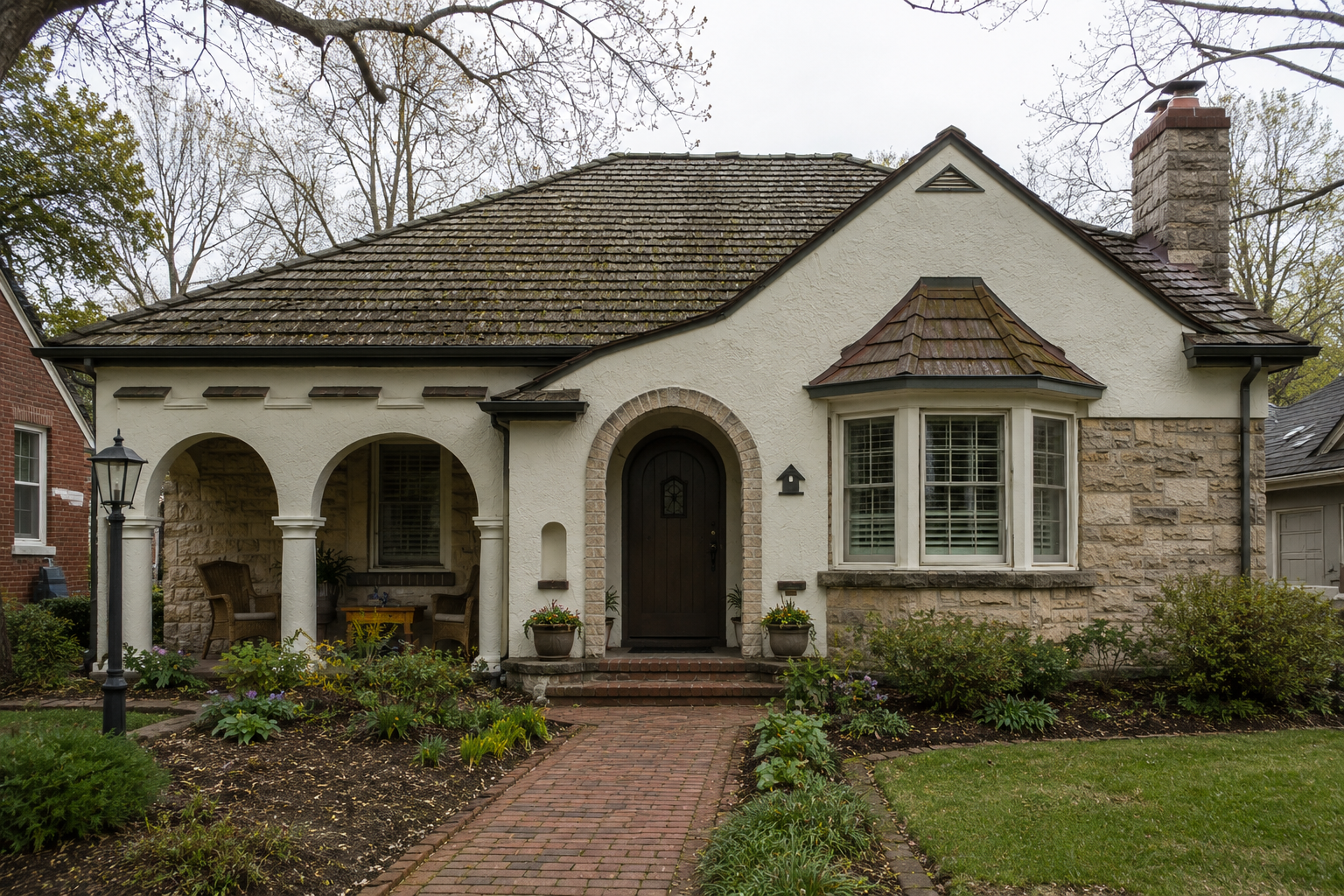 1940s-style stucco and stone cottage with arched entry, covered porch, bay window, chimney, weathered roof, and mature landscaping.