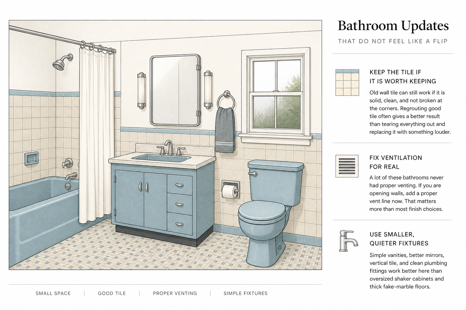 1950s ranch bathroom update with blue fixtures, square wall tile, mosaic floor, simple vanity, window, and ventilation advice.