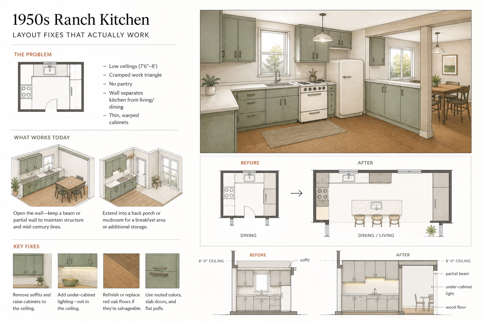 1950s ranch kitchen remodel showing before and after layout, wall opening, soffit removal, and updated cabinet and lighting strategy.
