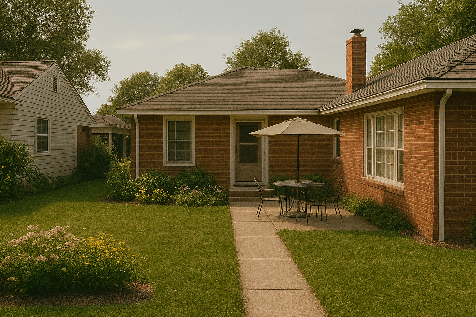 Natural 1950s suburban backyard with patio set, green lawn, and classic brick house.