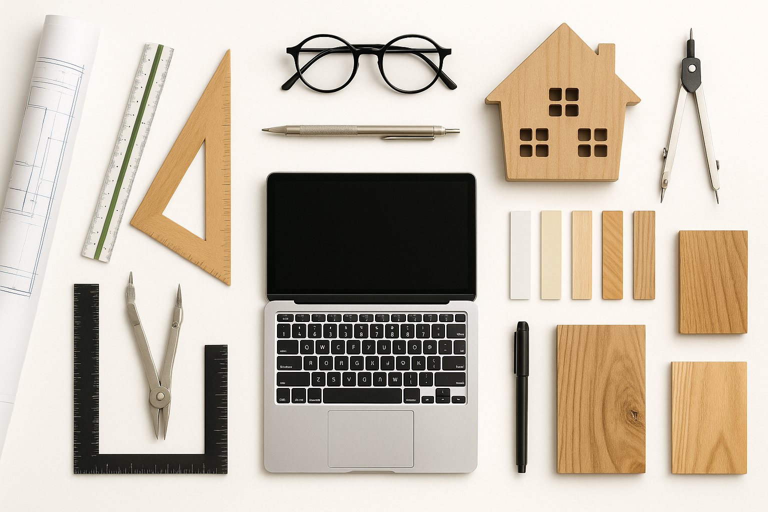Architectural tools including laptop, drafting compass, rulers, model house, and wood samples.