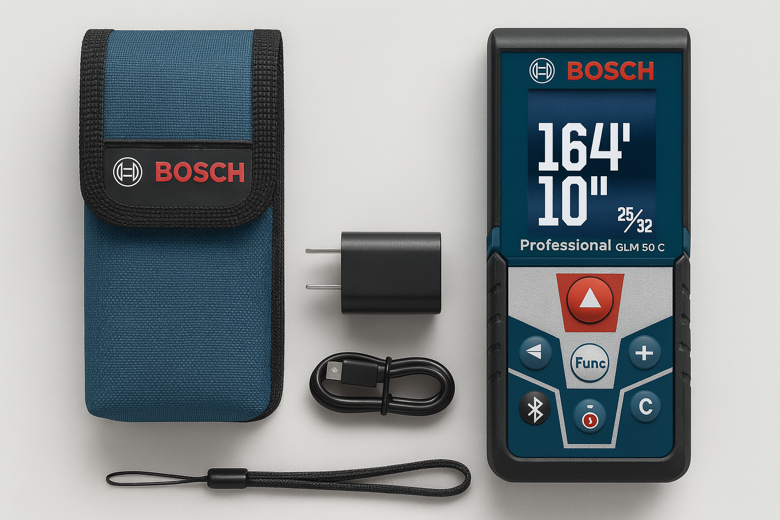 Bosch GLM laser measure with carrying case, charger, USB cable, and wrist strap.