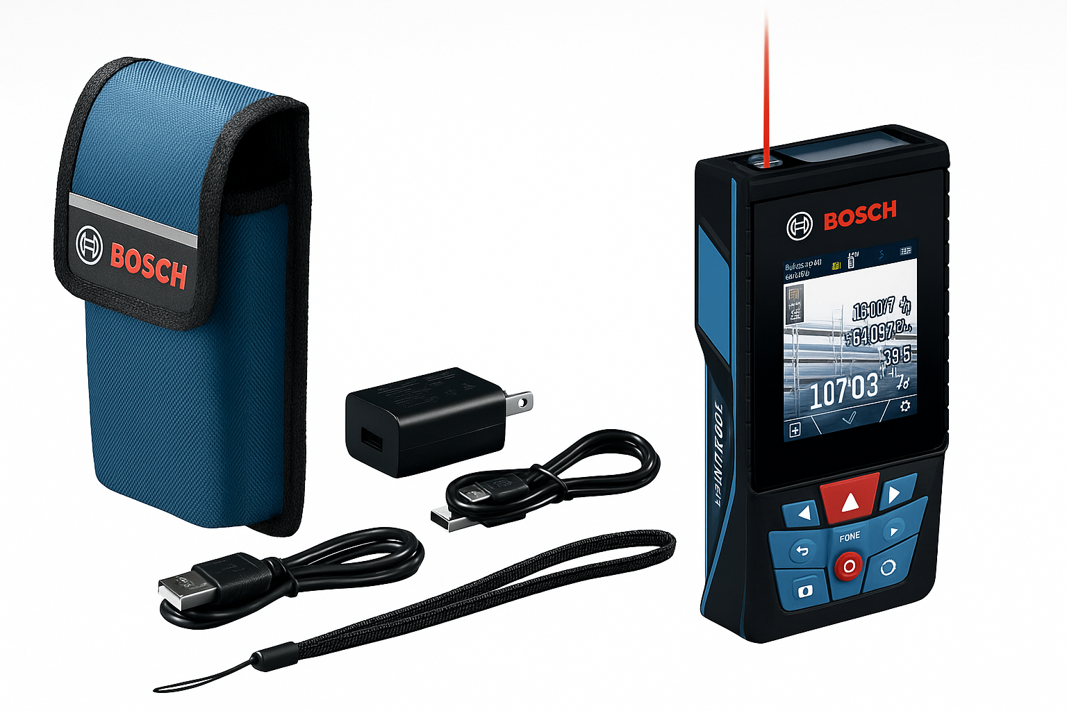 BOSCH GLM400CL laser measurer with case, charger, strap, and USB cable.