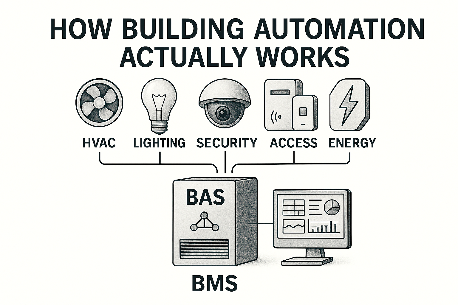 Diagram showing how building automation works, connecting HVAC, lighting, security, access, and energy systems through BAS to BMS.