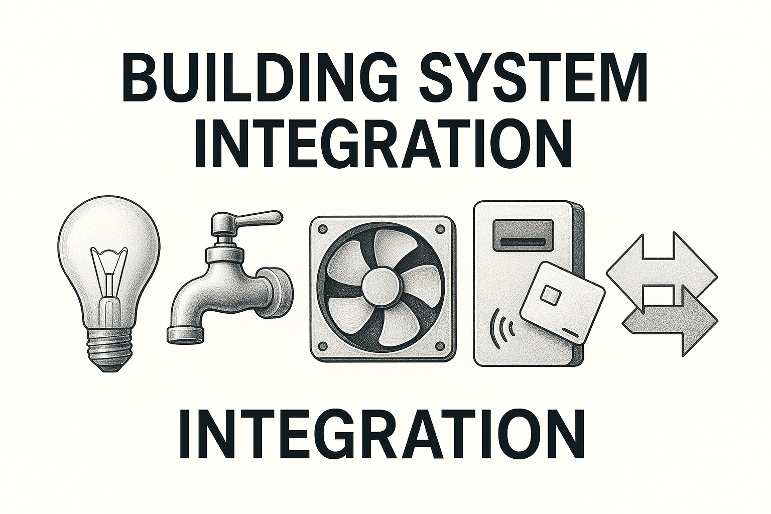 Illustration of building system integration with icons for lighting, plumbing, HVAC, access, and automation.