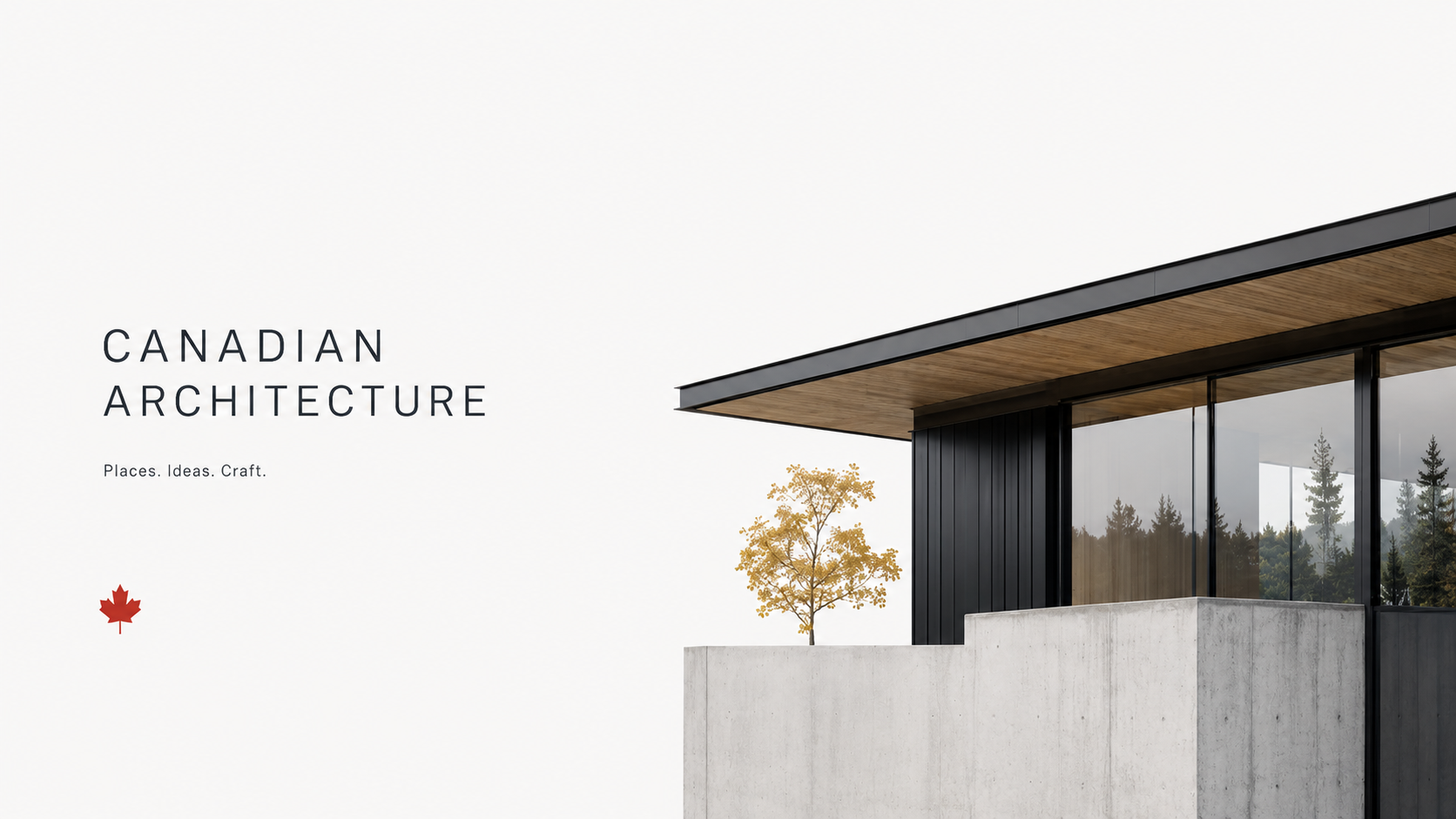 Modern Canadian house with concrete walls, dark cladding, glass, and a deep roof overhang.