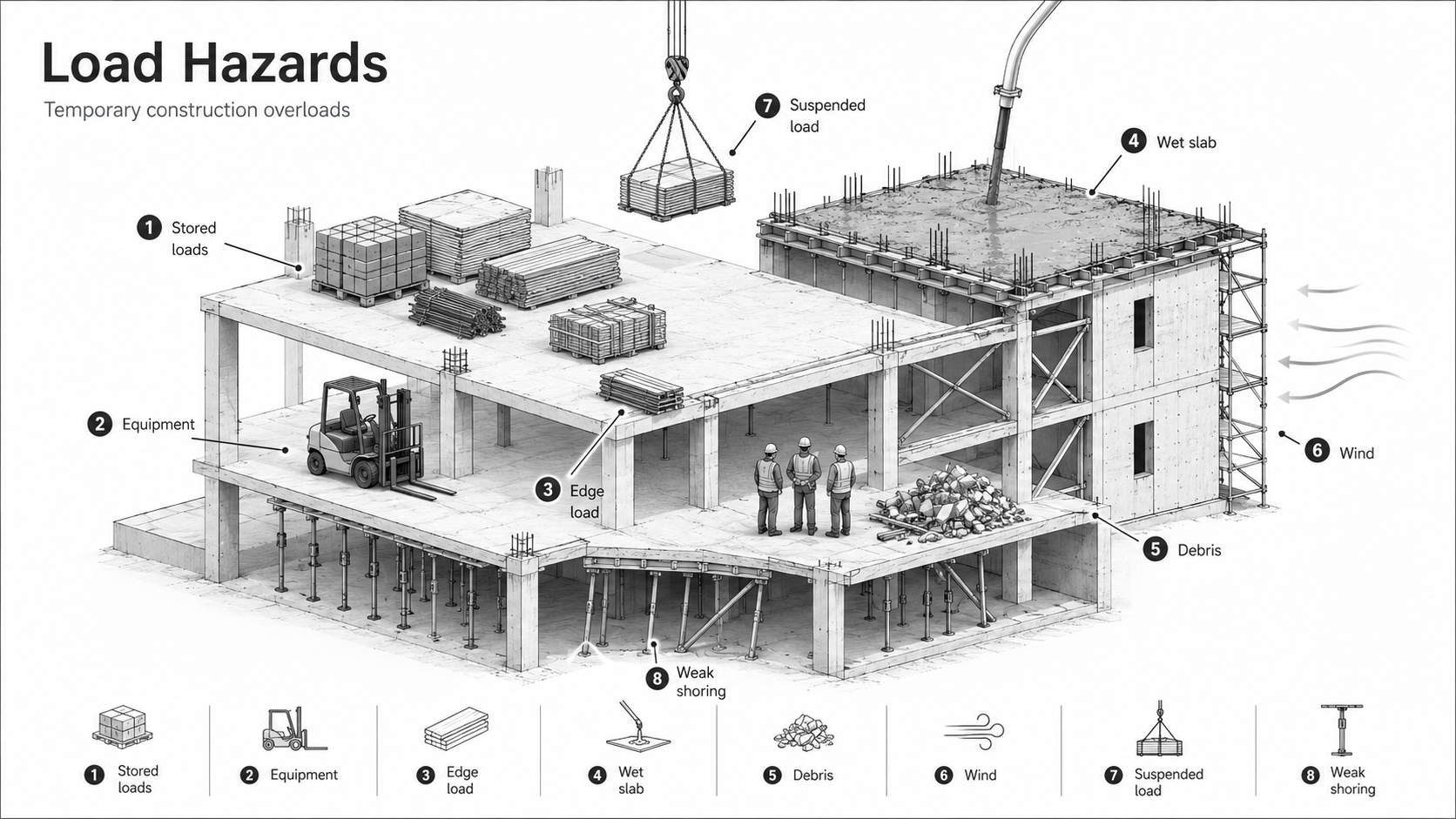 Diagram showing construction load hazards on an unfinished concrete frame with stored materials, equipment, wet slab, wind, debris, suspended load, and weak shoring.