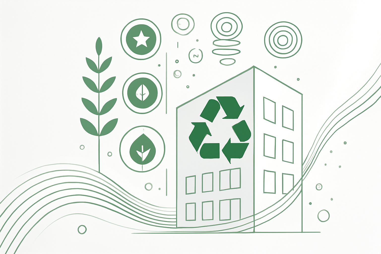 a green-certified building with recycling and sustainability icons.