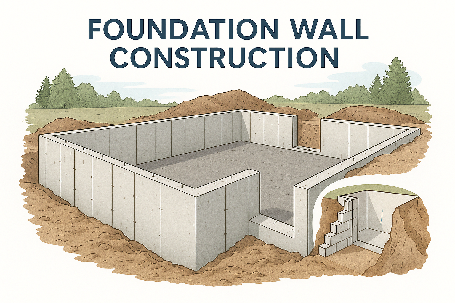 2D diagram showing poured concrete and cinder block foundation wall types.