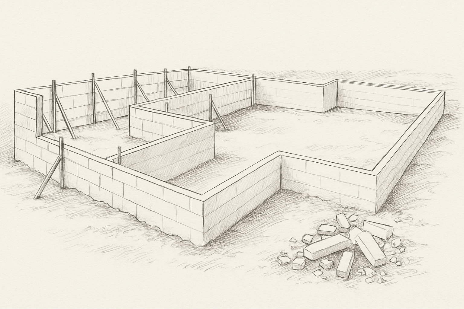 Sketch of a foundation wall layout with braces and scattered debris.