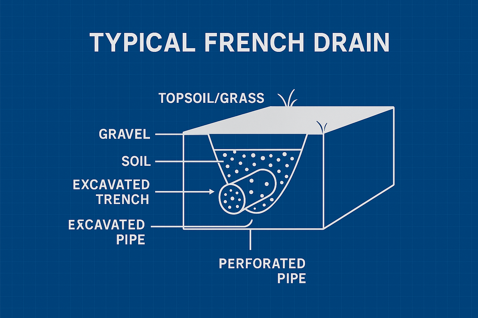 Cross-sectional blueprint diagram of a typical French drain showing pipe, trench, gravel, and soil layers.