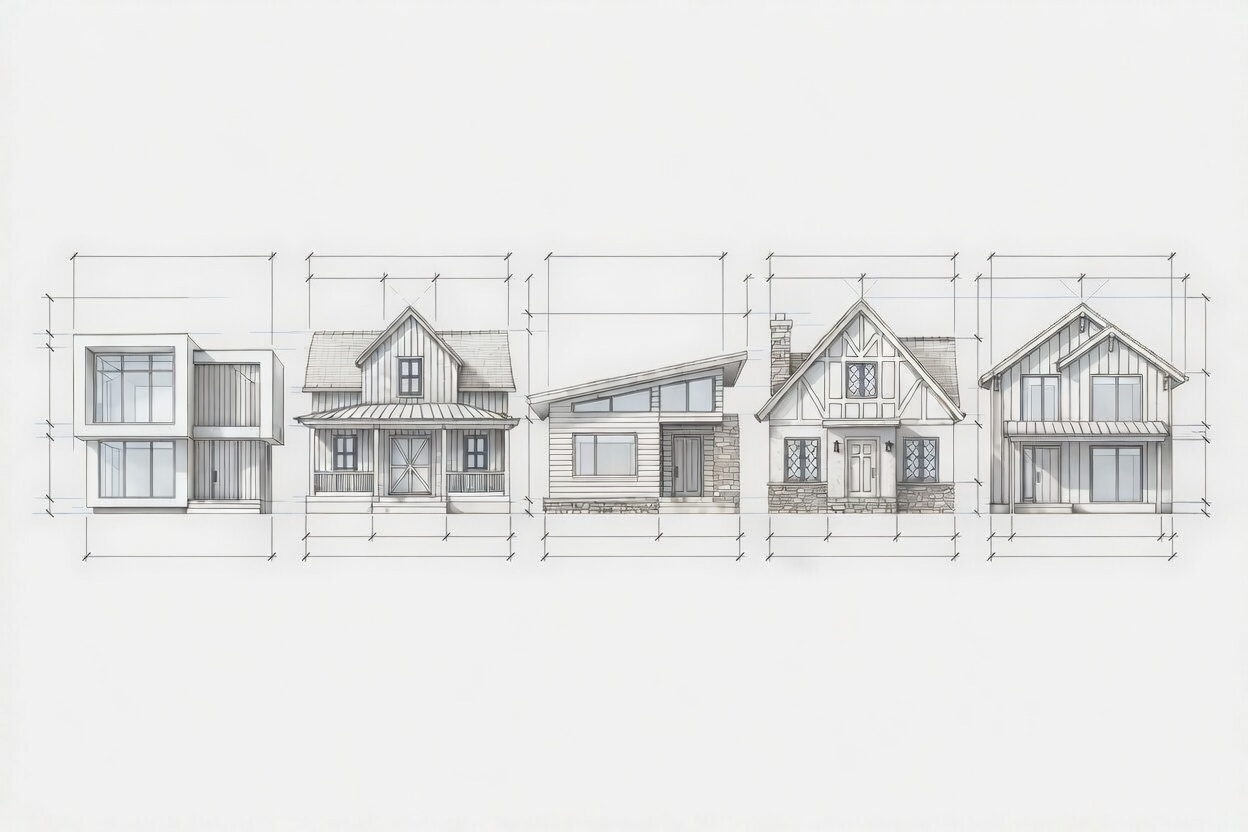 Five modern house styles with clean geometry.