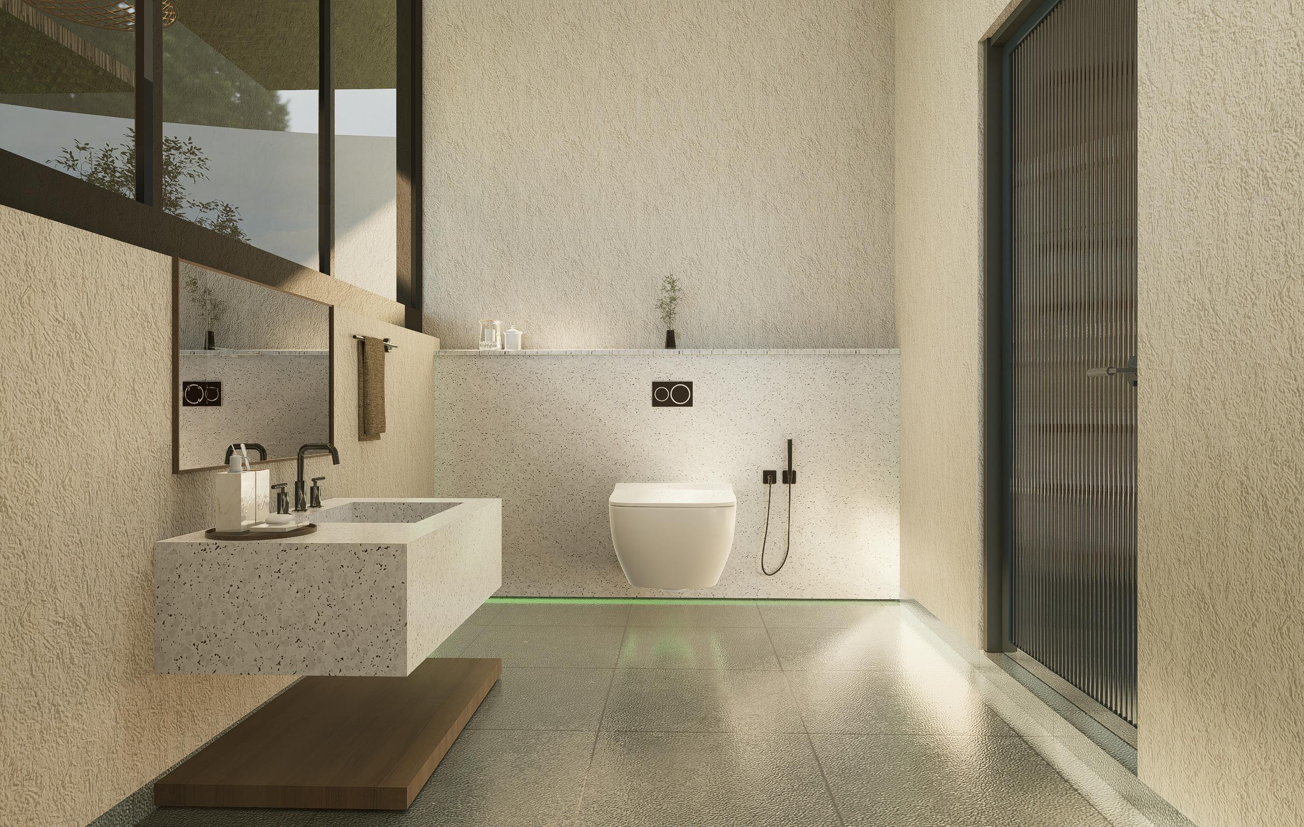Luxurious bathroom with marble finishes.
