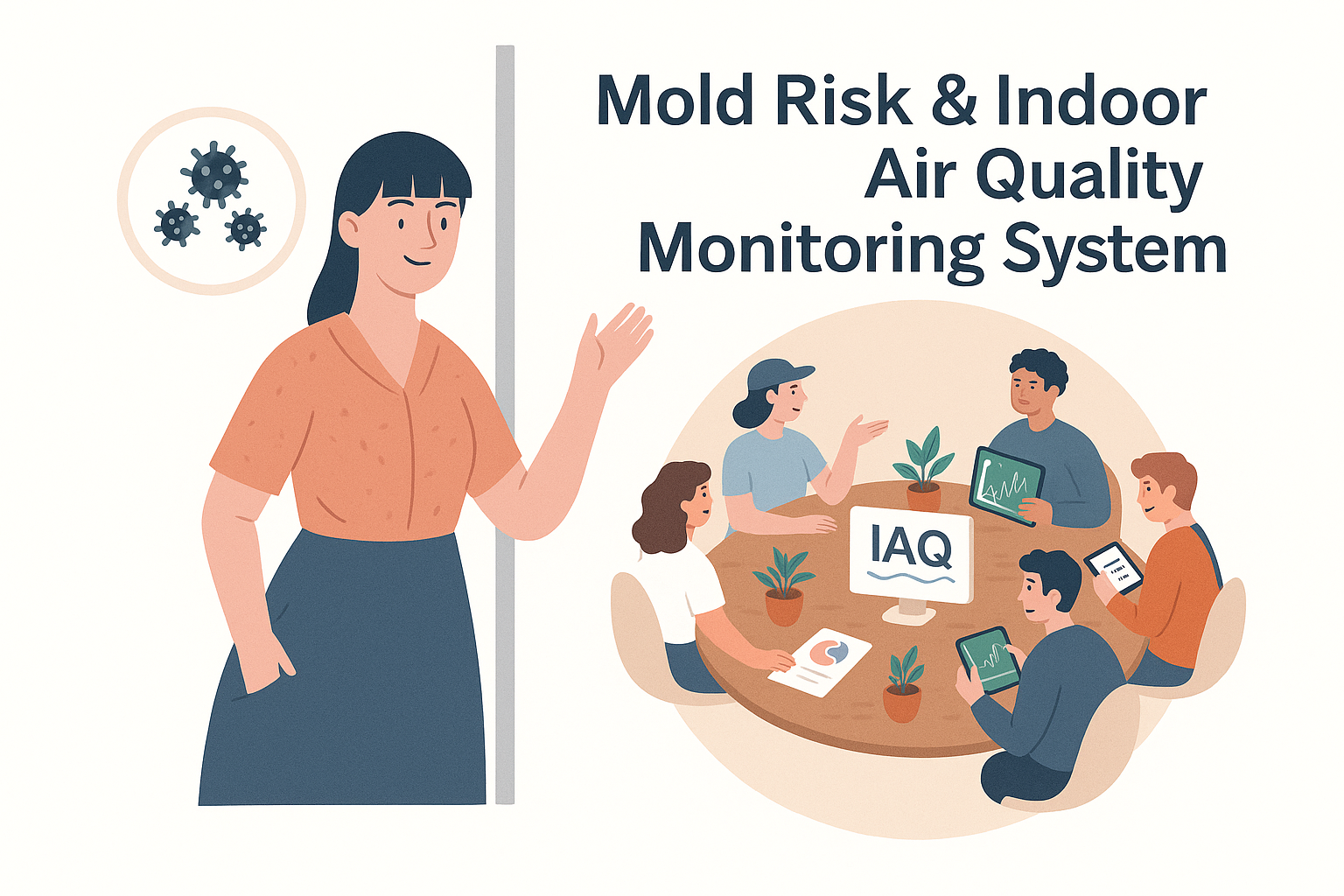 Digital illustration showing mold risk and indoor air quality monitoring system in a home.