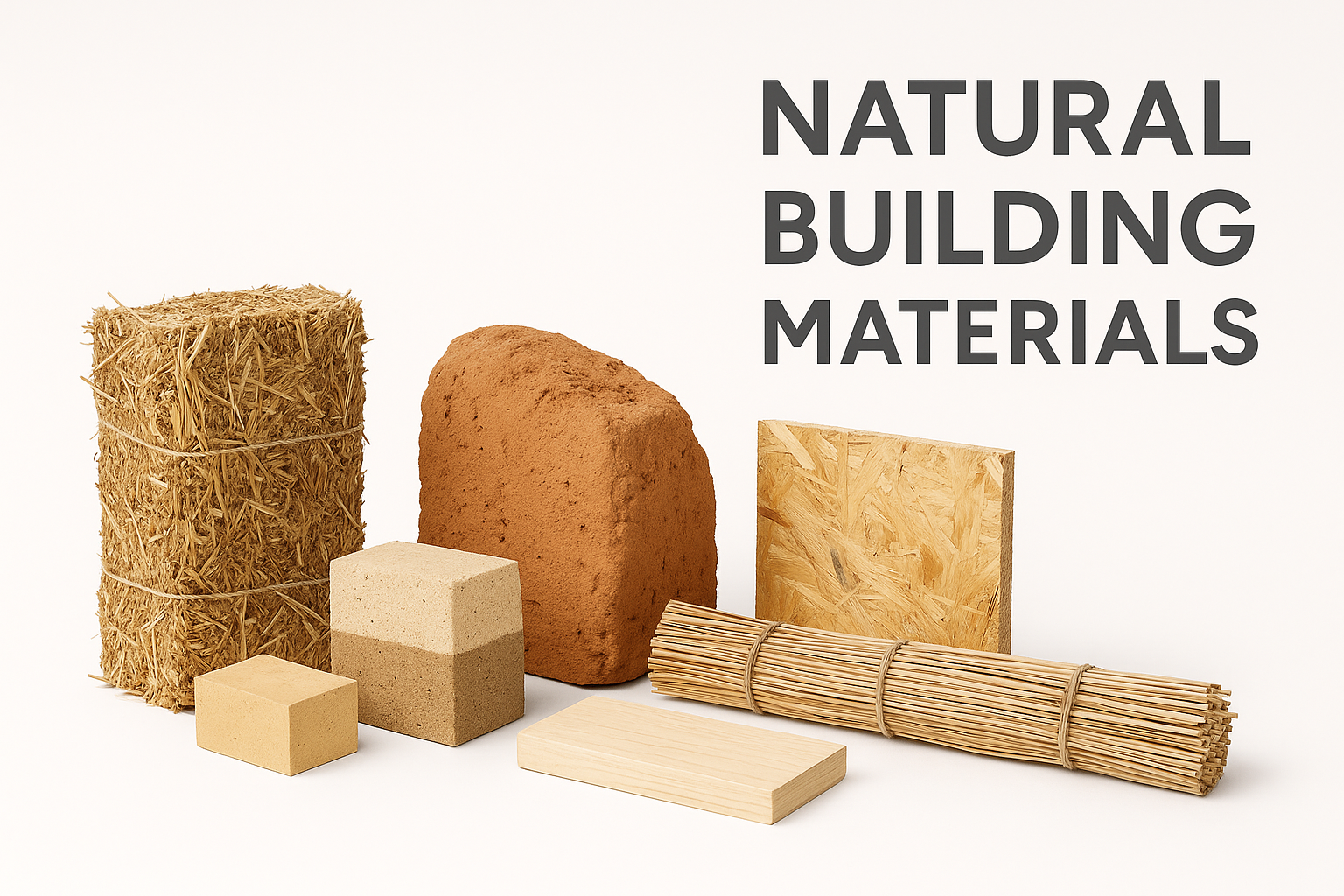 Natural building materials collage with wood, clay, straw, and stone textures.