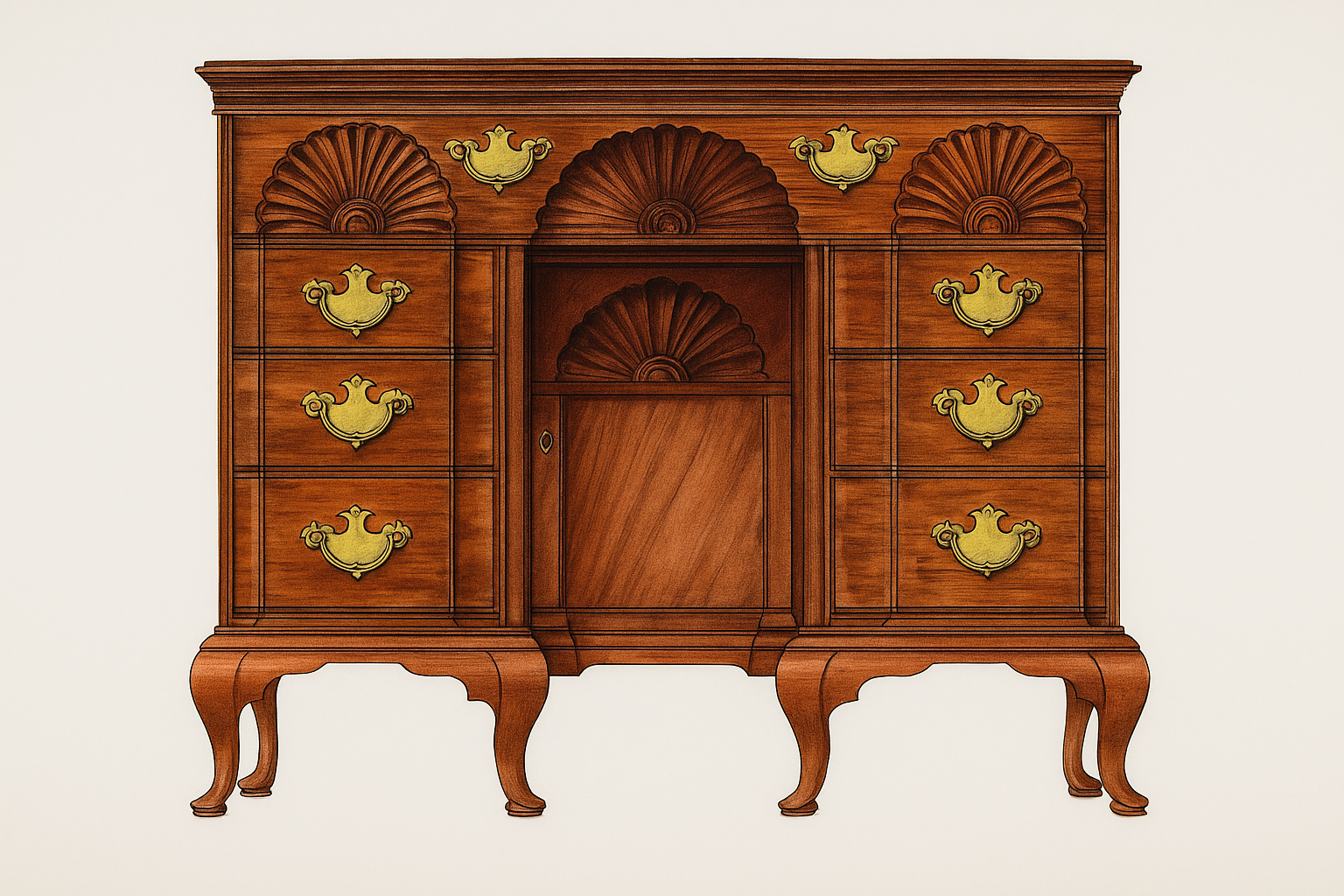 Queen Anne highboy chest with brass hardware, shell carvings, and cabriole legs.