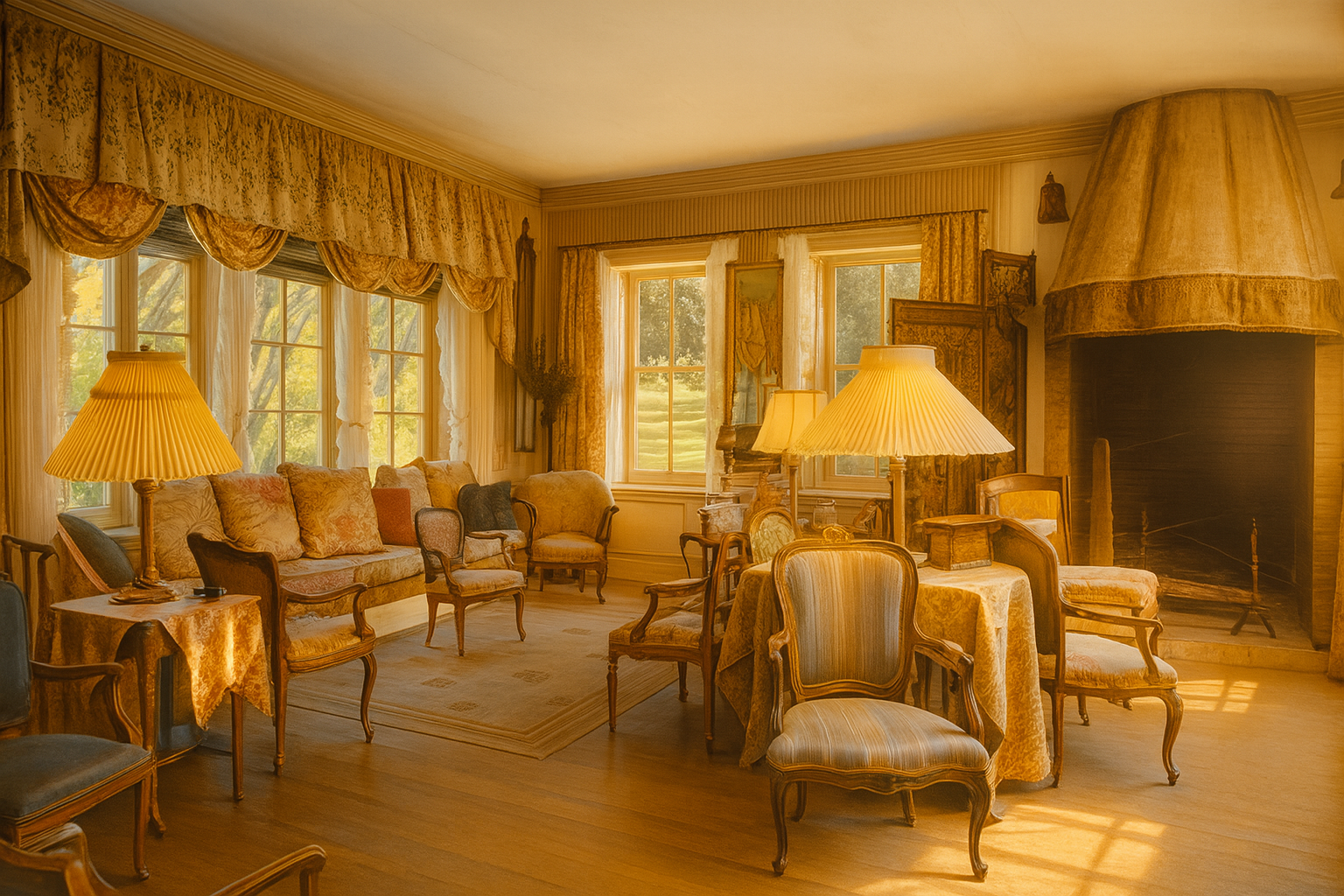 Elegant Queen Anne parlor with carved fireplace, and antique chairs.