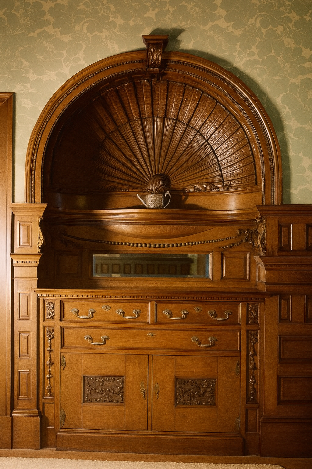 Antique Queen Anne sideboard with arched wall niche and carved wood detailing