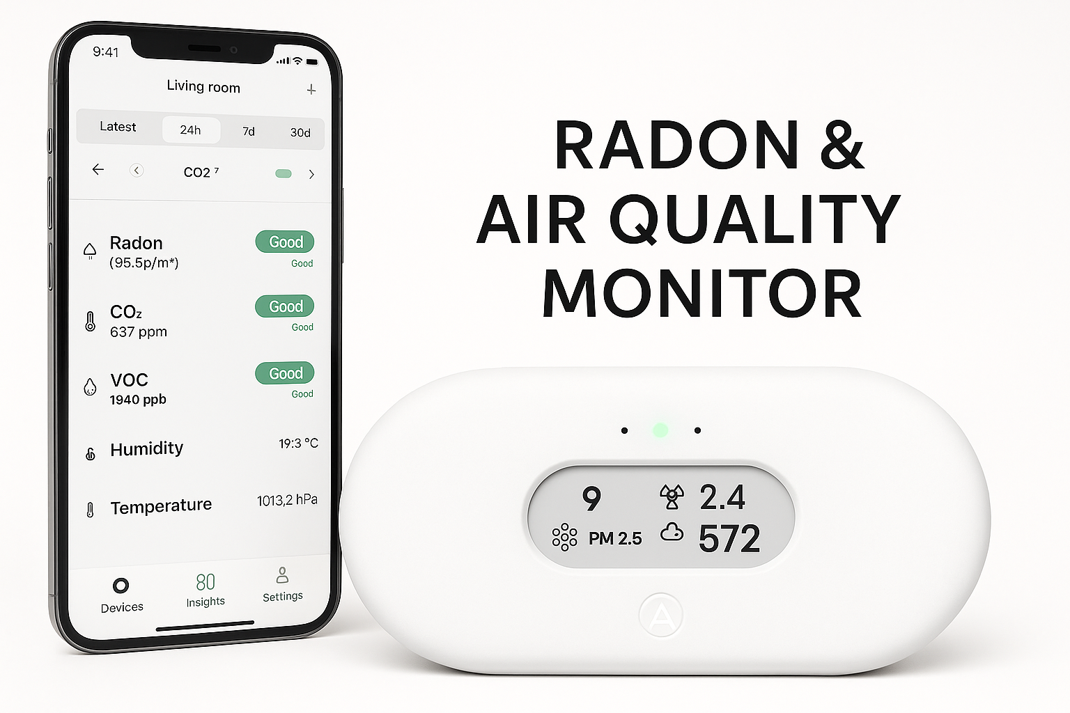 Compact radon and air quality monitor with mobile app showing detailed indoor air data including CO₂, VOC, and humidity.