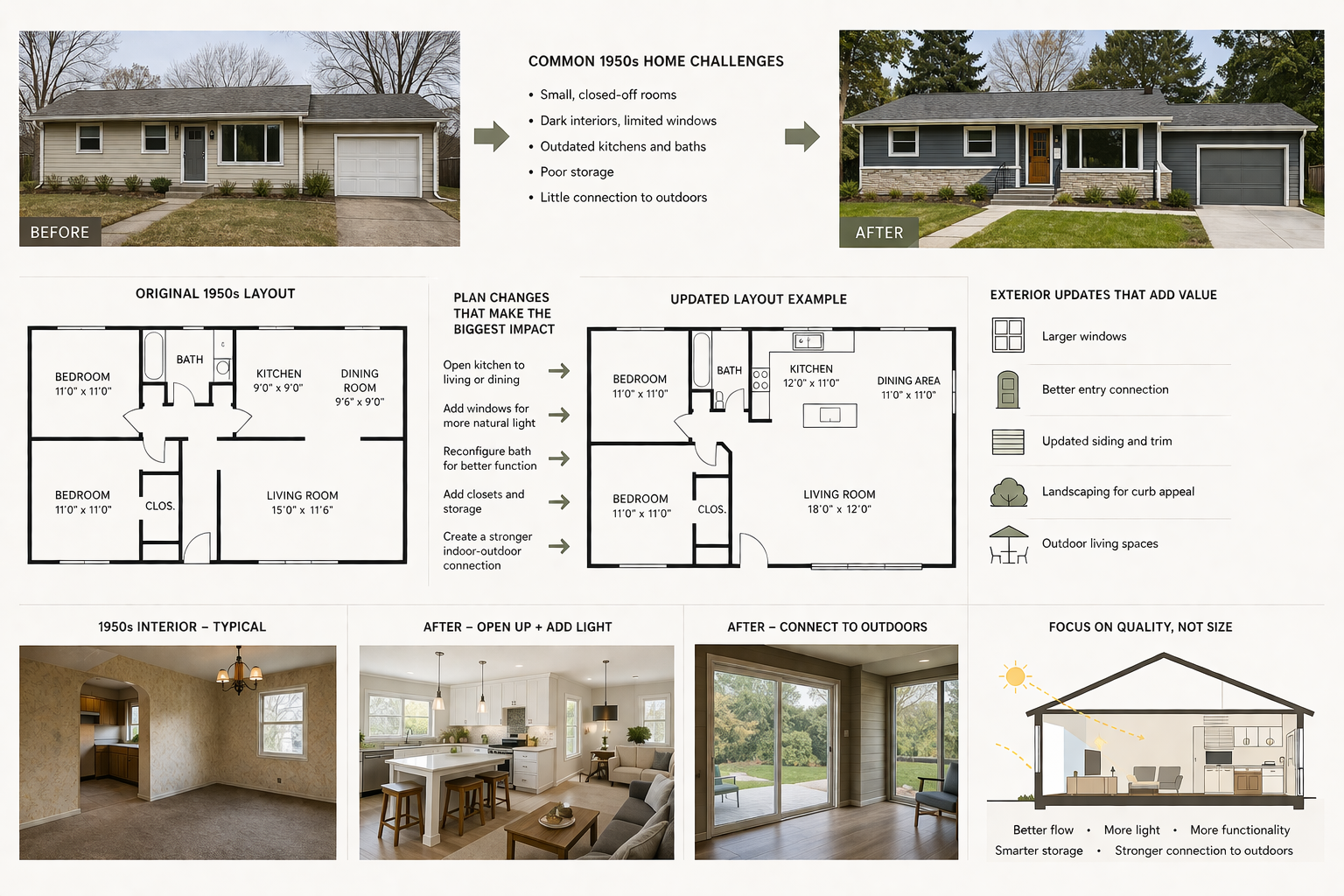 1950s ranch remodel diagram showing before and after exterior and simplified floor plan changes.