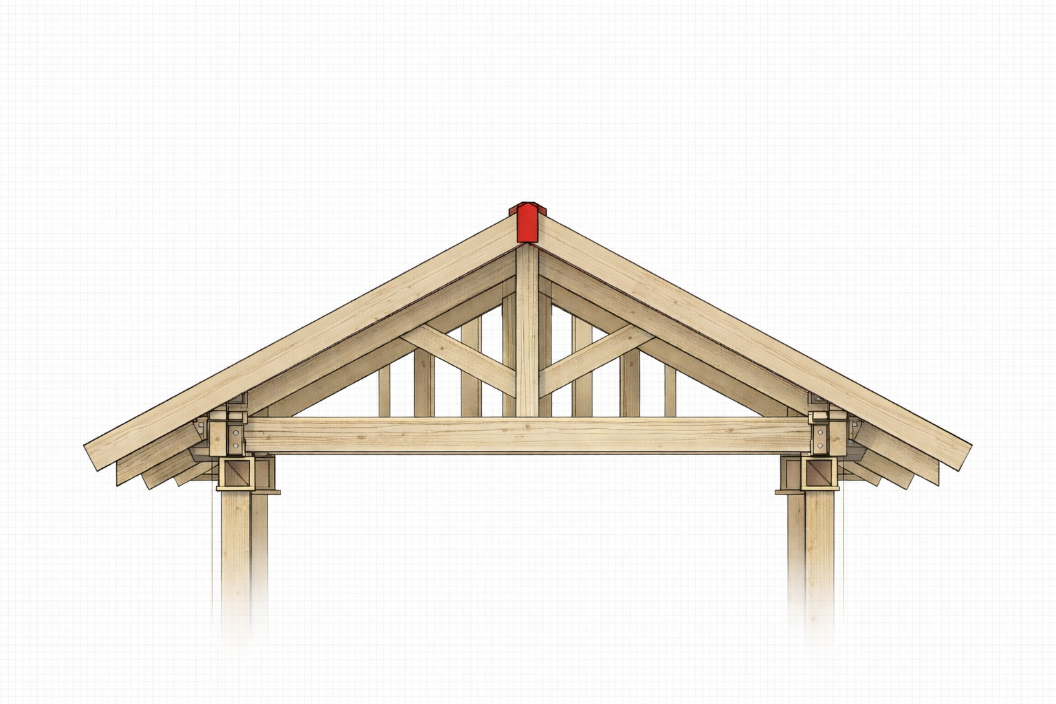 Front elevation roof framing diagram with the ridge beam highlighted in red at the apex.