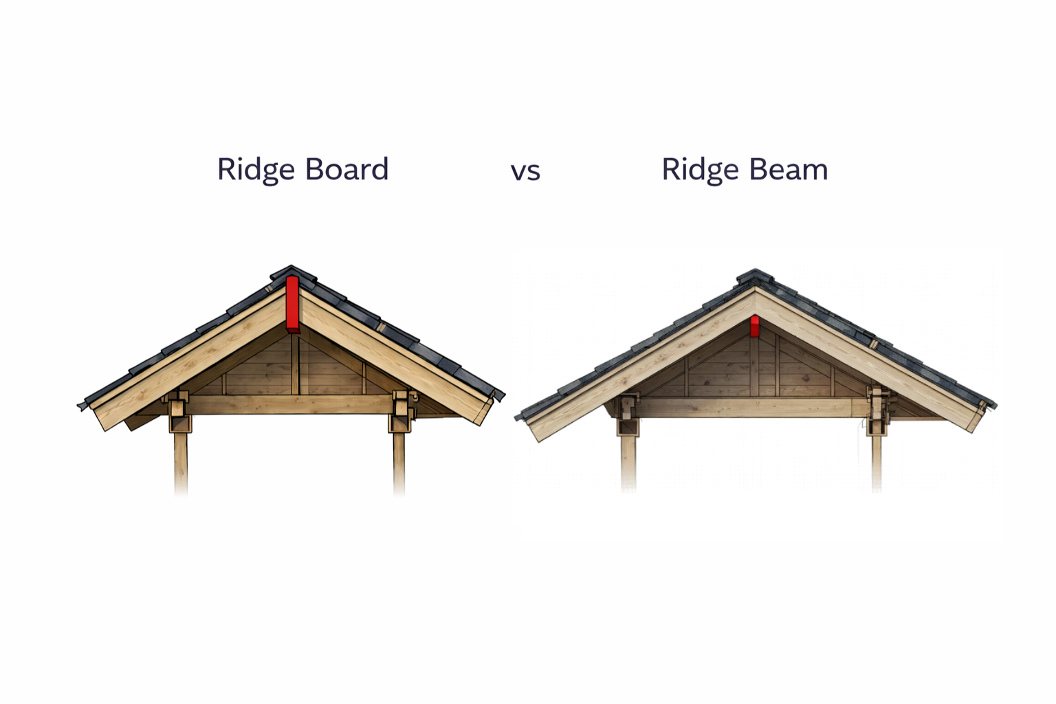 Side-by-side comparison of ridge beam and ridge board in roof framing.