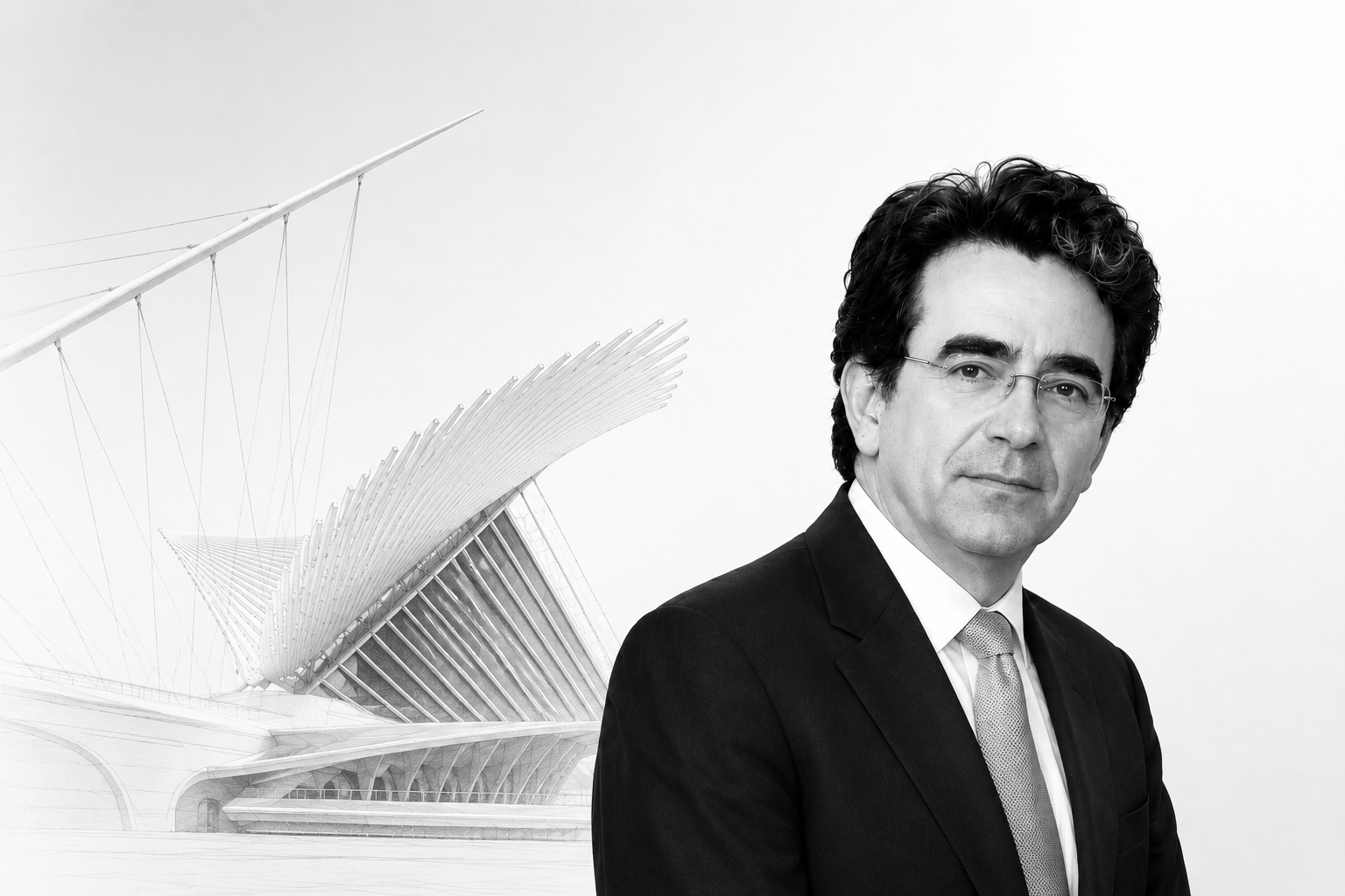Black-and-white editorial portrait for a Santiago Calatrava architecture article, with a faint sculptural structural building in the background.