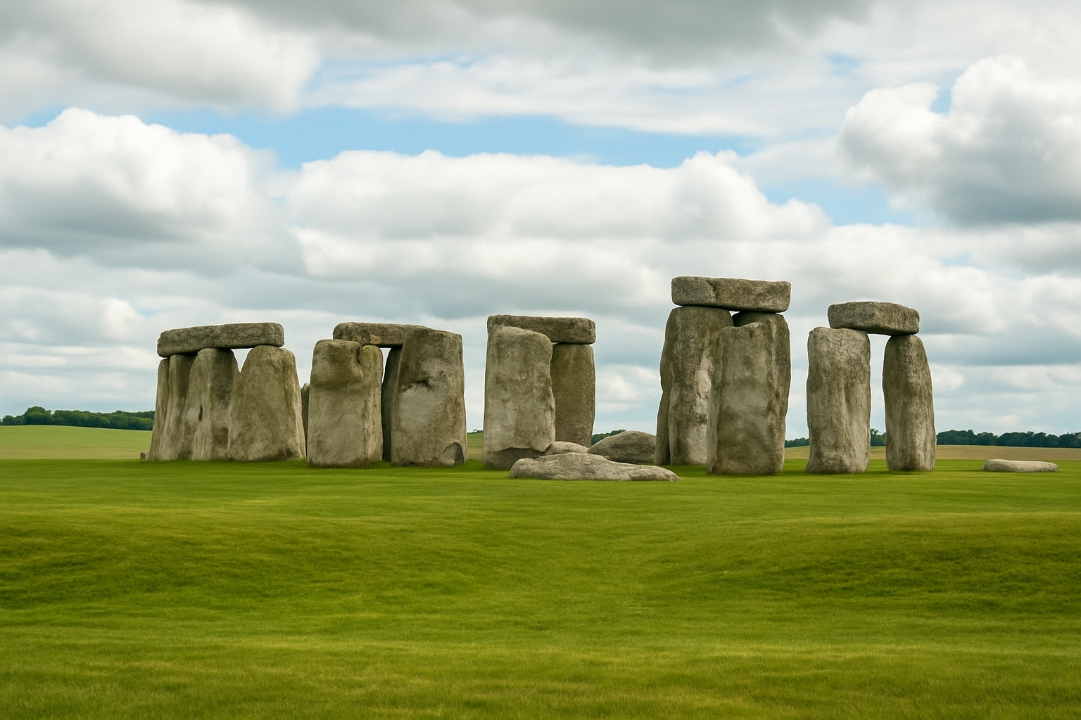 Real wide-angle view of Stonehenge with full stone circle and surrounding landscape.