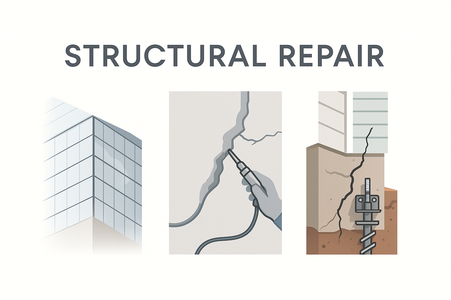 Illustration of structural foundation repair with pier supports, wall crack fix, and concrete stabilization.