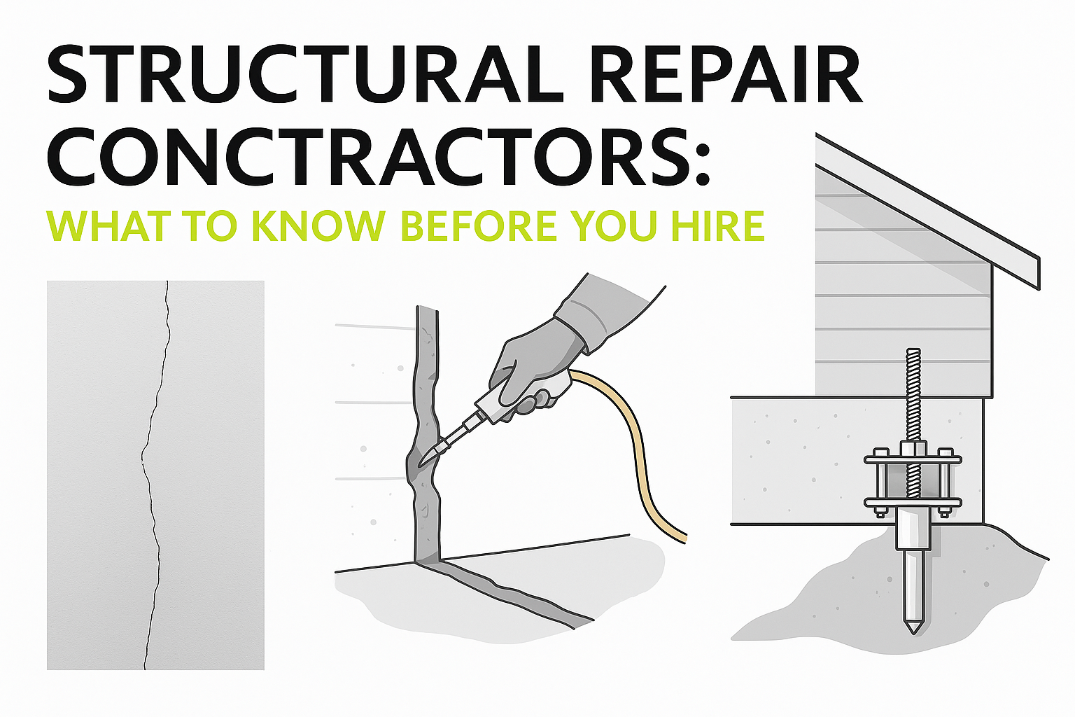Infographic showing wall crack, epoxy injection, and foundation underpinning.