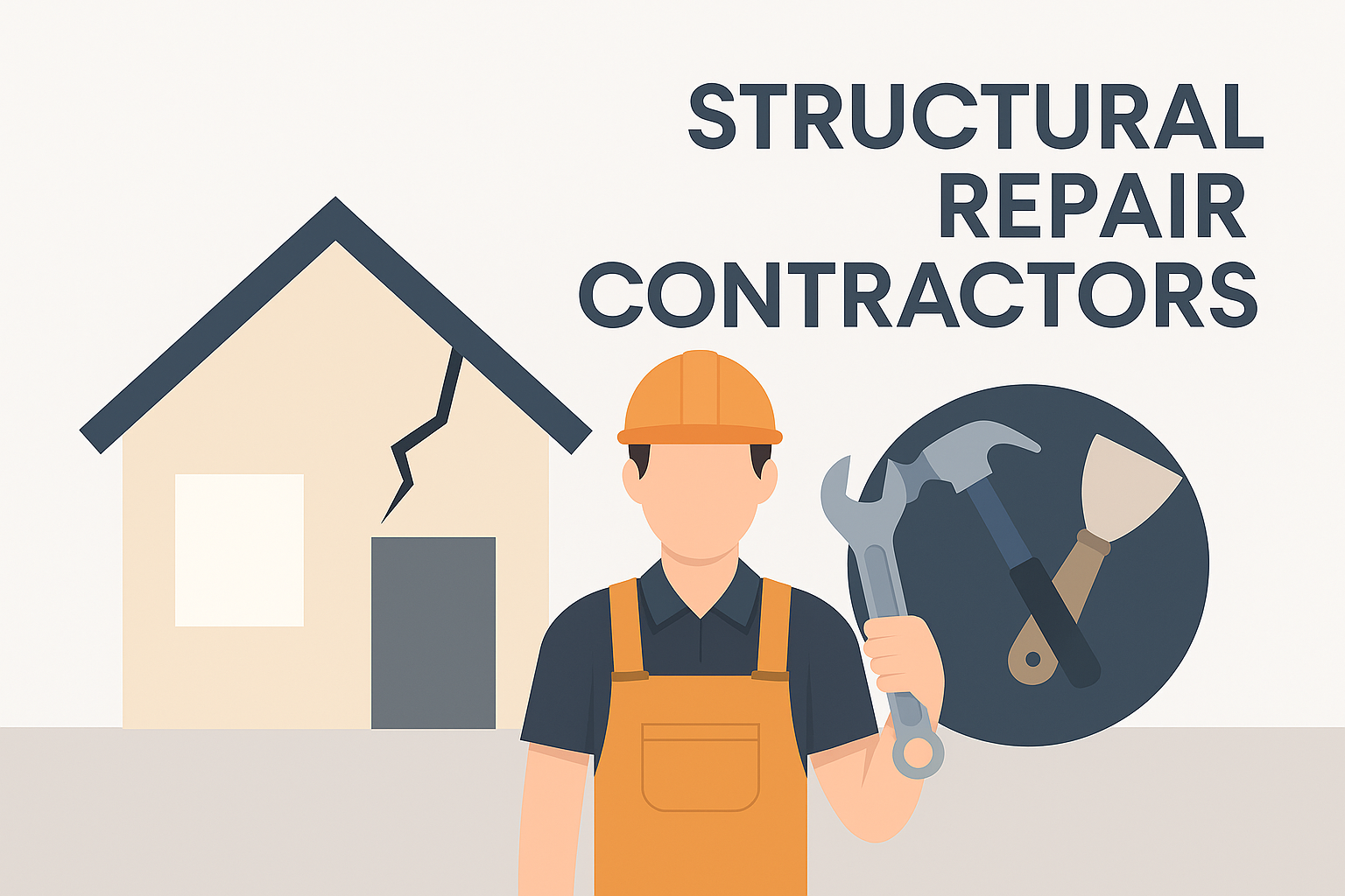 Illustrated infographic showing structural repair contractors fixing a cracked house foundation.