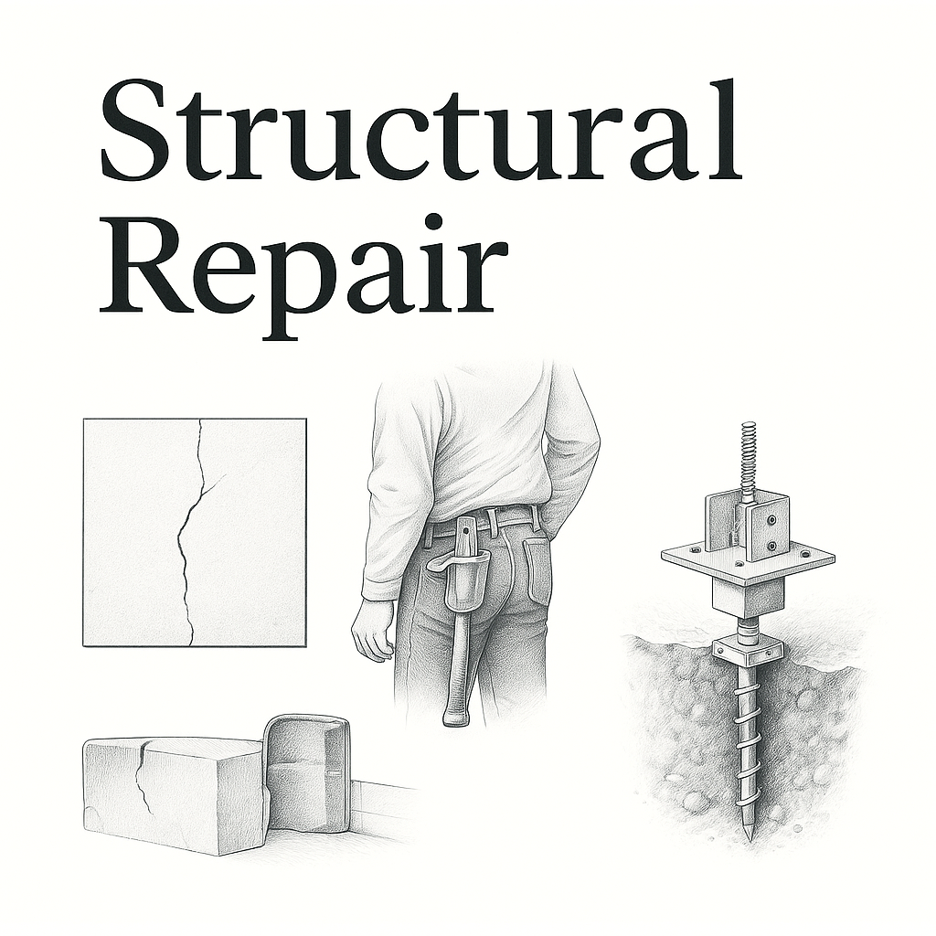 Structural repair diagram with foundation pier system, cracked concrete, and tools.