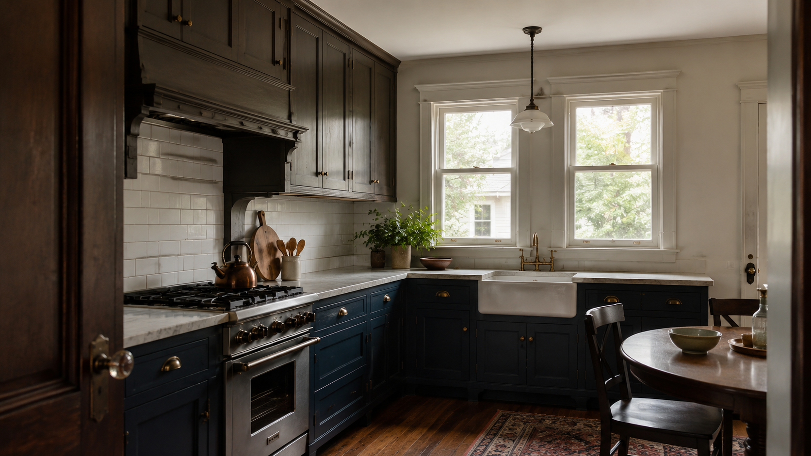 Victorian kitchen remodel with navy cabinets, tall double-hung windows, apron-front sink, built-in range wall, brass hardware, wood floors, and a small kitchen table.