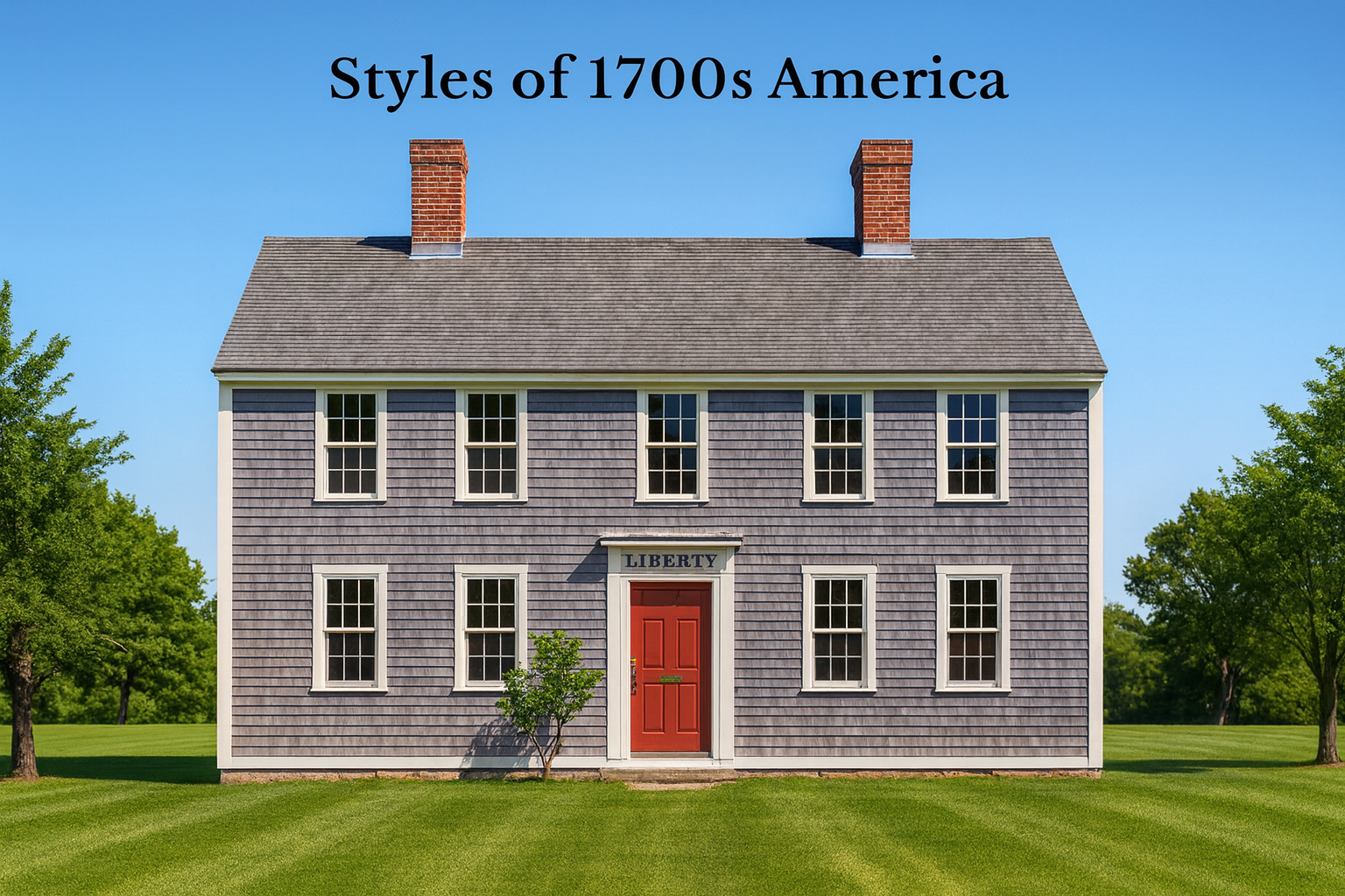 Colonial-style house from 1700s America with symmetrical windows, wood shingle siding, red central door, and dual brick chimneys.
