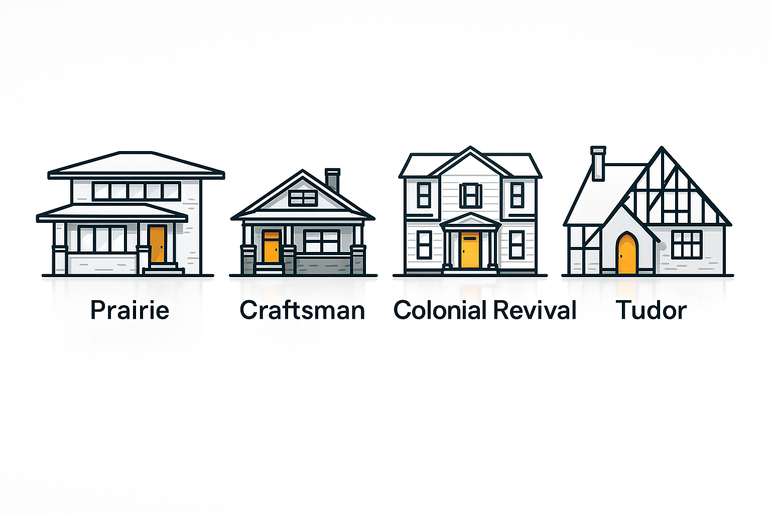 Prairie, Craftsman, Colonial Revival, and Tudor house styles from the 1900s.
