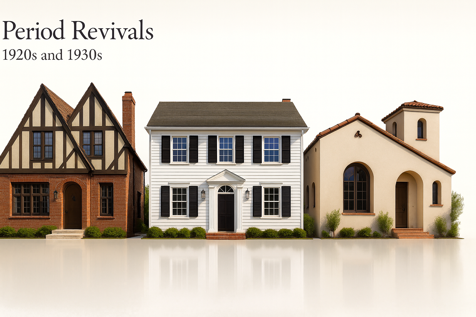 Tudor and Colonial Revival houses with steep roofs and symmetrical facades.