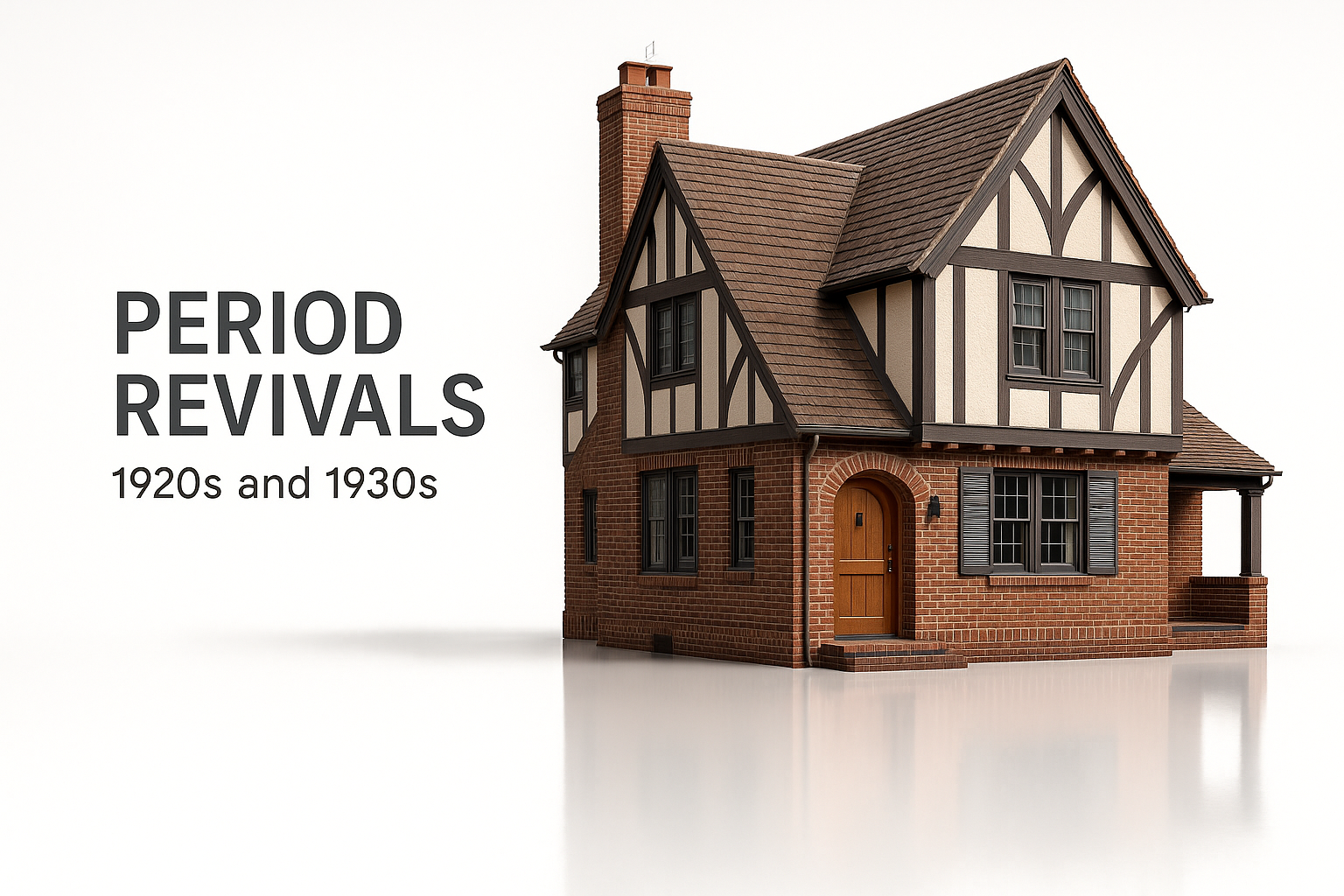 Tudor Revival house with steep gable roof and decorative half-timbering.