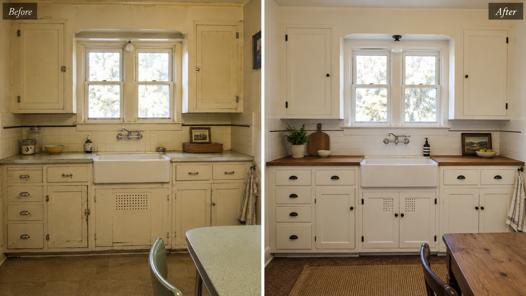 Before and after comparison of 1930s kitchen cabinets showing worn original painted built-ins beside a brighter updated kitchen that keeps the old sink-wall layout and cabinet character.