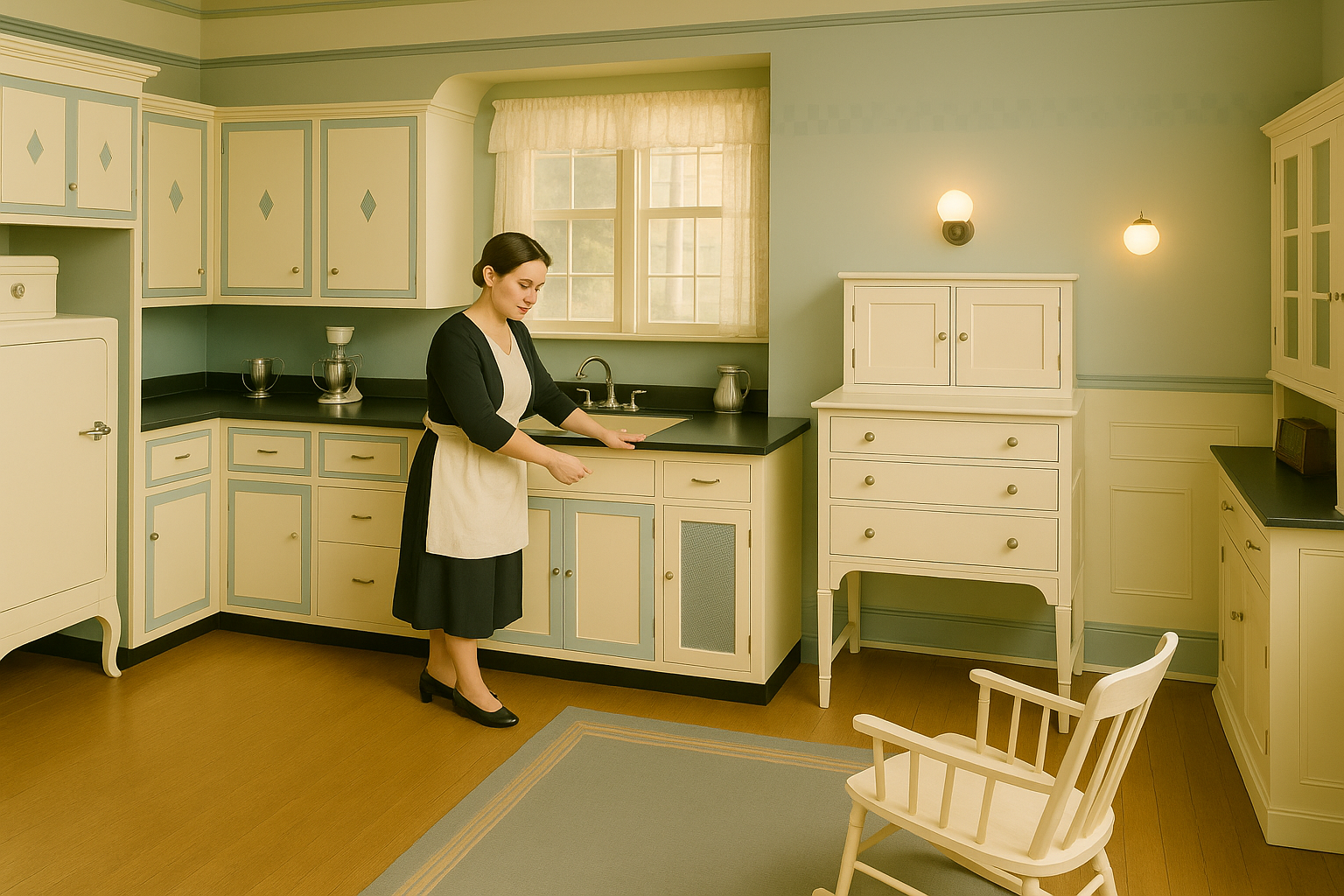 Woman cleaning sink in restored 1930s-style kitchen.