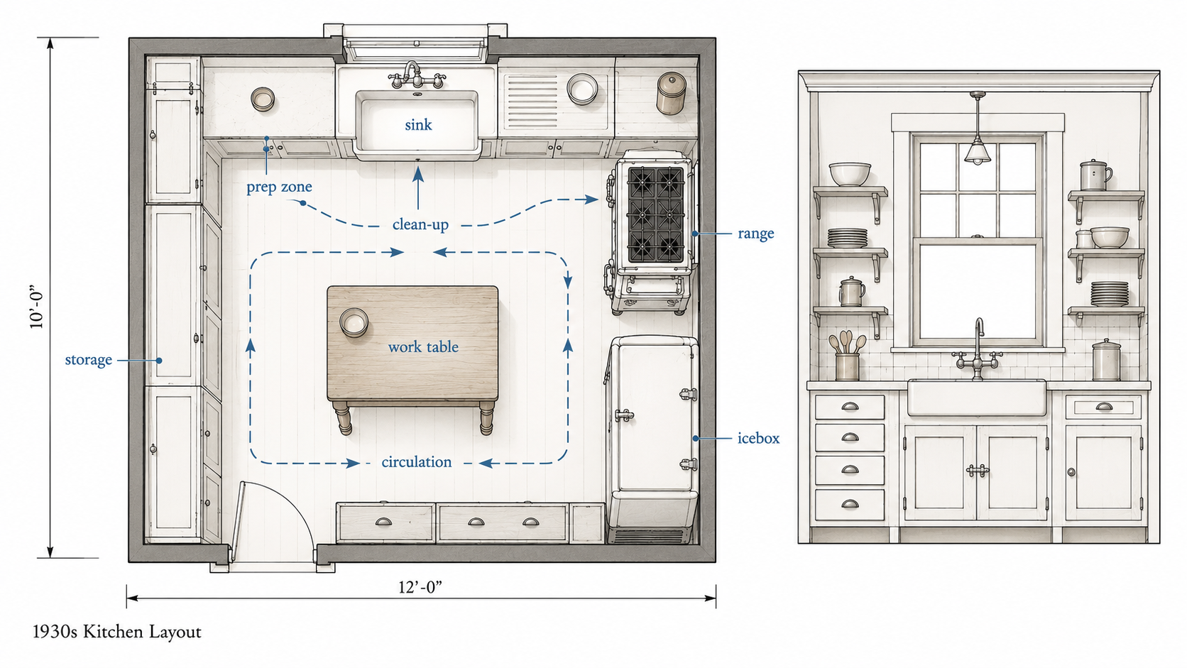 Diagram of a compact 1930s kitchen layout with sink, range, work table, storage, and circulation paths.