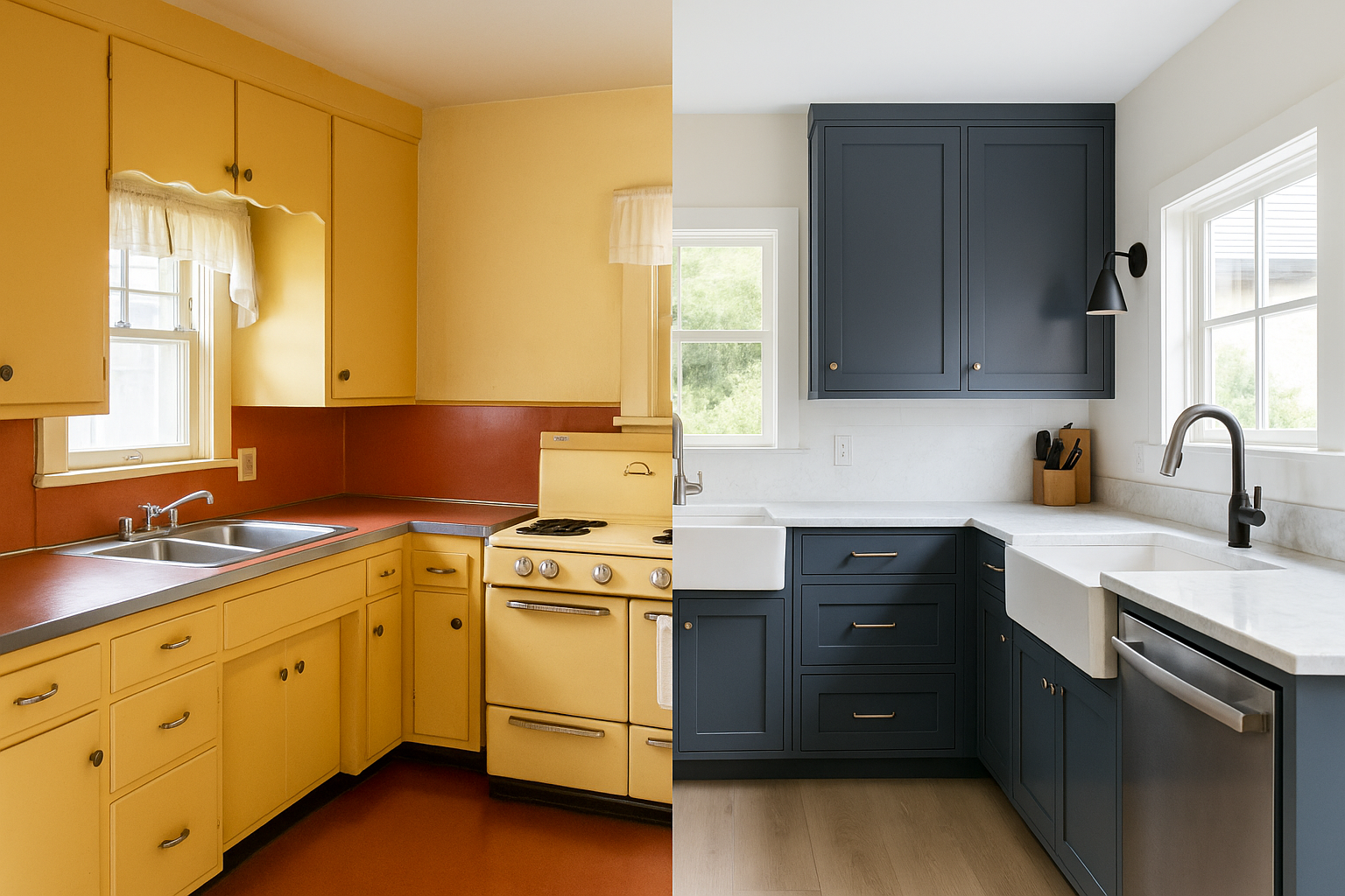 Side-by-side kitchen cabinet comparison.