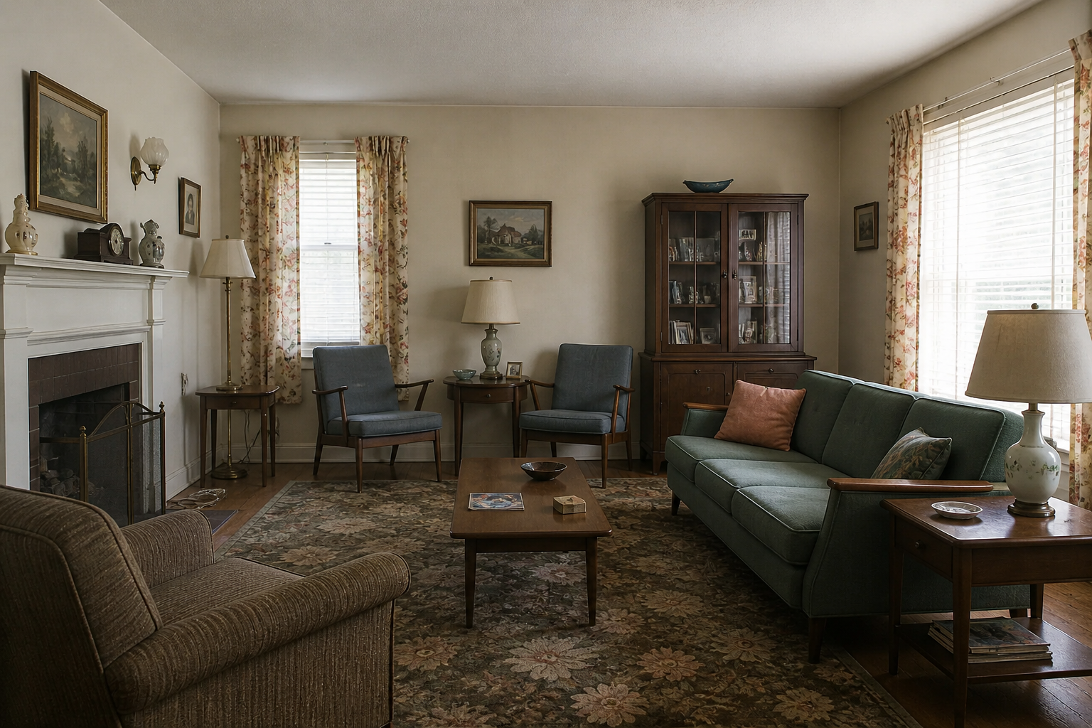 Preserved 1950s living room with floral curtains, vintage furniture, fireplace, patterned rug, and muted colors.