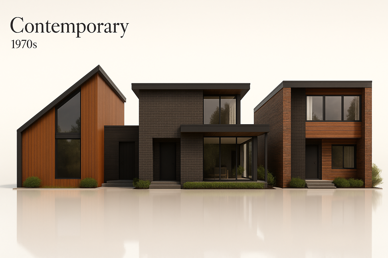 1970s contemporary house with flat roof, large windows, and mixed materials.