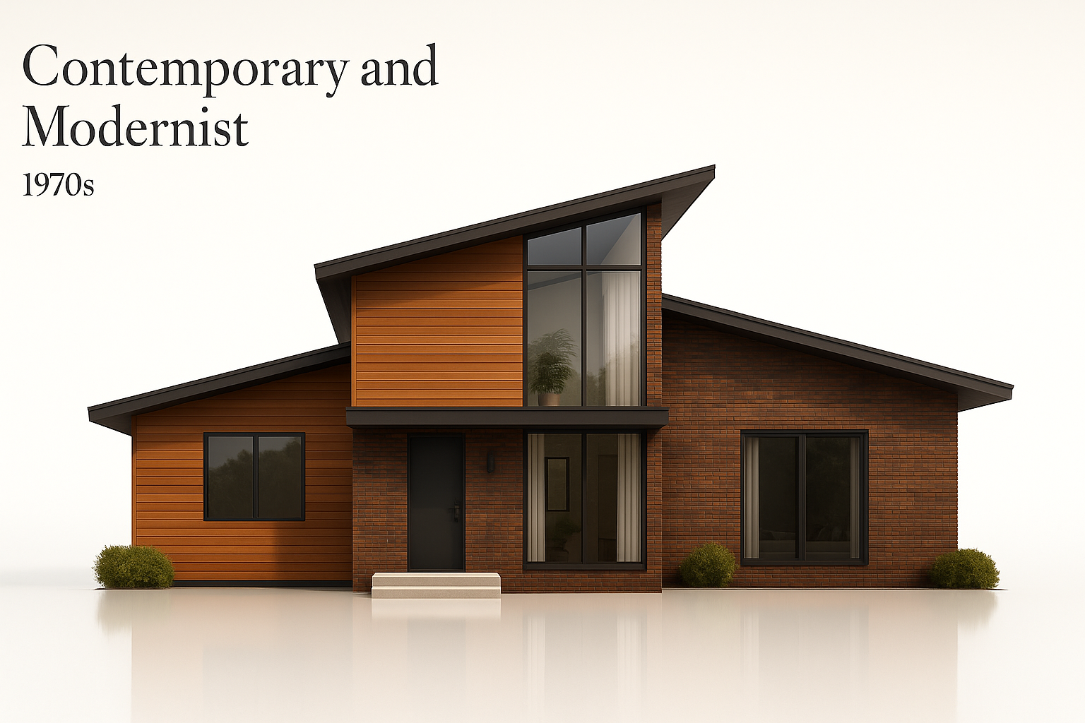 American contemporary house with flat roof, large windows, and mixed material exterior.