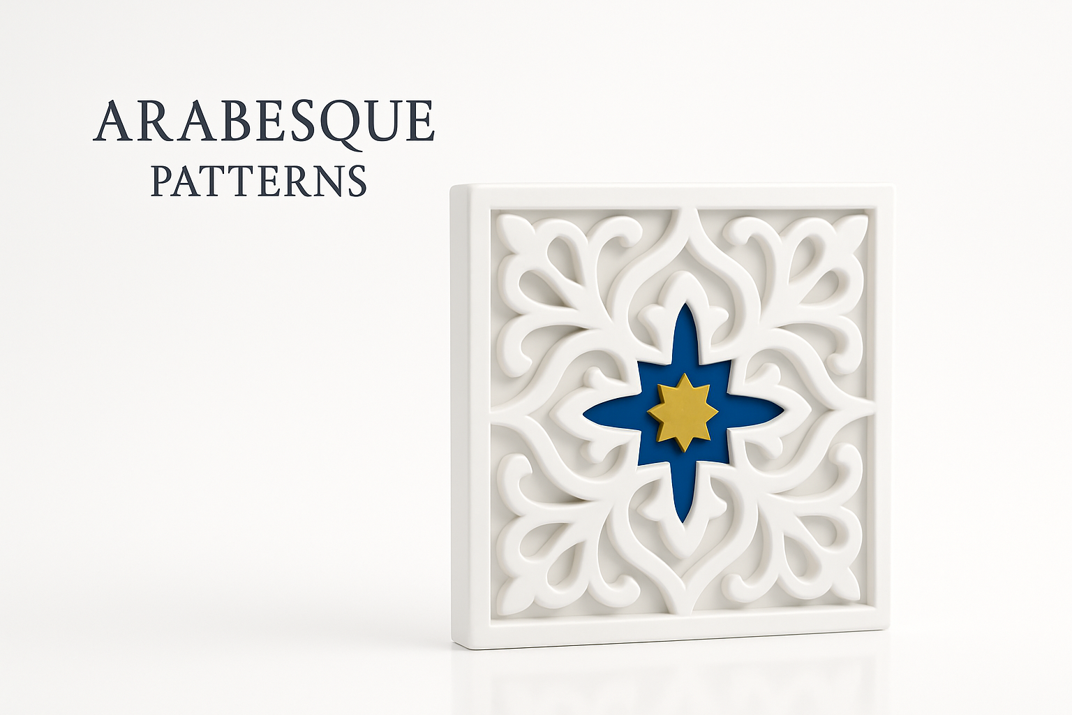 Arabesque tile in white with a glossy finish, featuring a blue and gold accent star at the center.