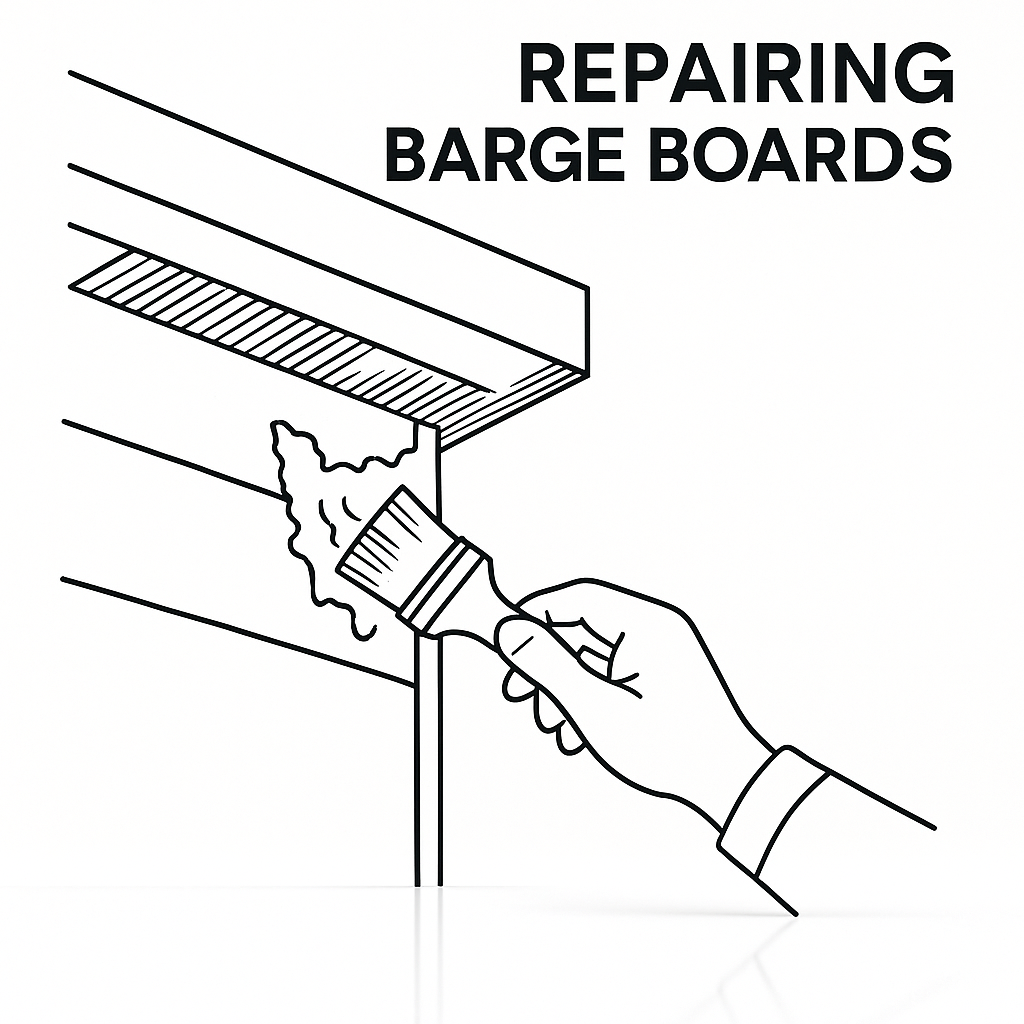 sketch of barge board repair, showing a hand applying repair work.