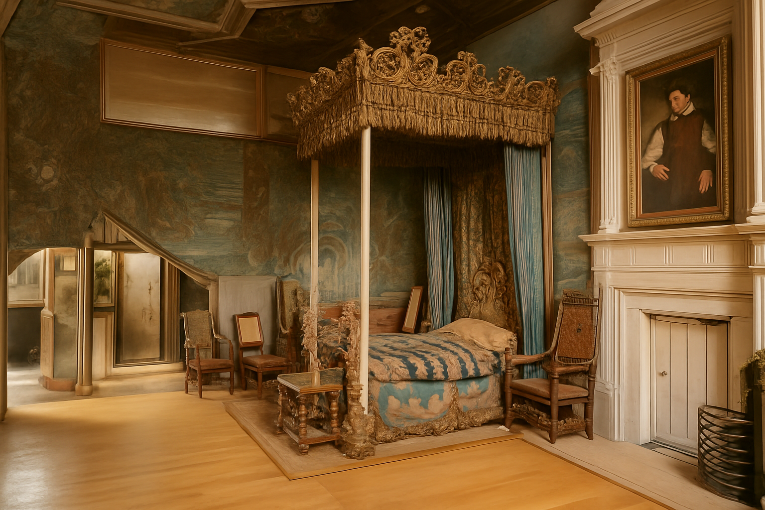 Baroque bedroom with gilded canopy bed and historic furniture.